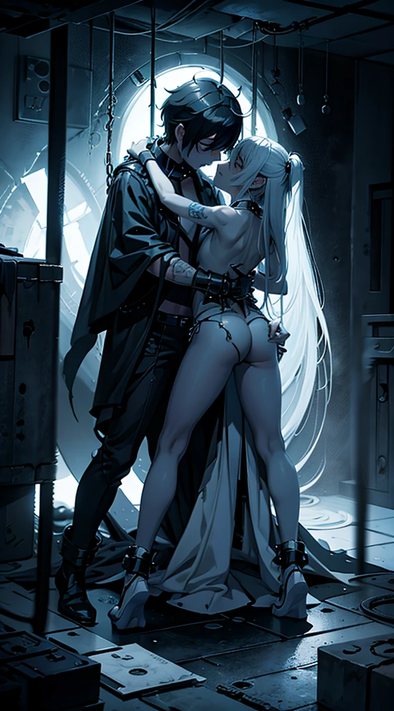 a naked handcuffed mato kuroi from black rock shooter hugging an emo guys, space, space ship, futuristic, bdsm, bodnage, sex,rape , forced, sexual intercourse, handcuffed, restrained,