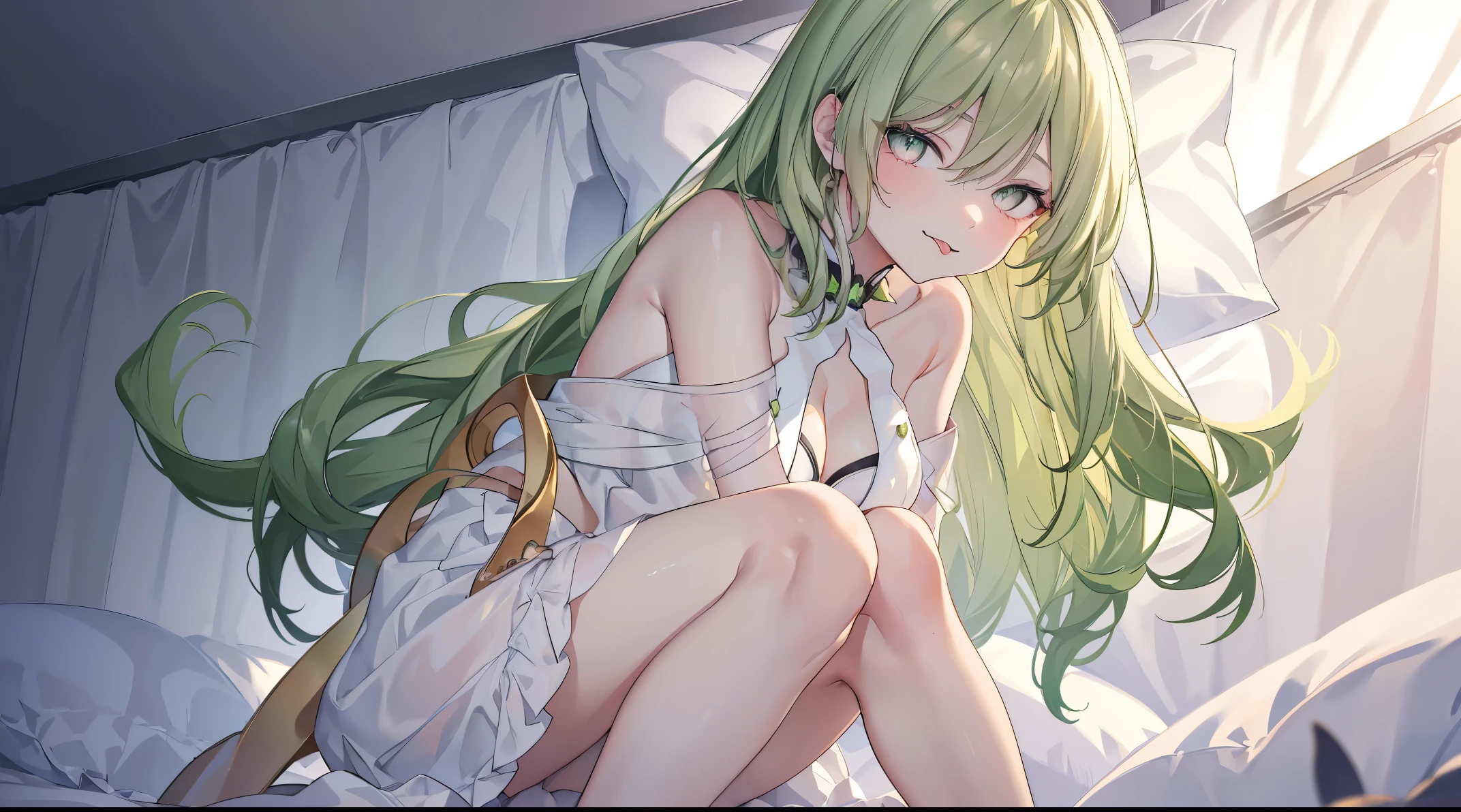 1 girl,Best quality, tmasterpiece, beautiful,detailed eyes, HD, extremely detailed, Visually inspect the audience, long green hair, (green eyes:1.3), (((solo:1.1))), Mouth sticking out tongue,The face is slightly red,is shy,full bodyesbian,adorable,Lori small breasts cleavage,white dress,(sitting on his knees on the bed:1.4),