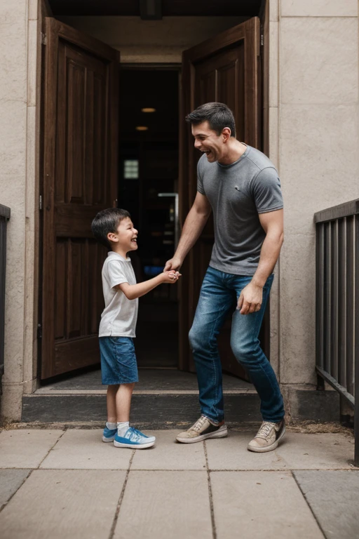 Dad picking up his son at the entrance of kindergarten, excited son, Laughing face, intricate, (masterpiece, Representative work, official art, Professional, unity 8k wallpaper:1.3)