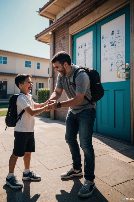 Dad picking up his son at the entrance of kindergarten, excited son, Laughing face, intricate, (masterpiece, Representative work, official art, Professional, unity 8k wallpaper:1.3)