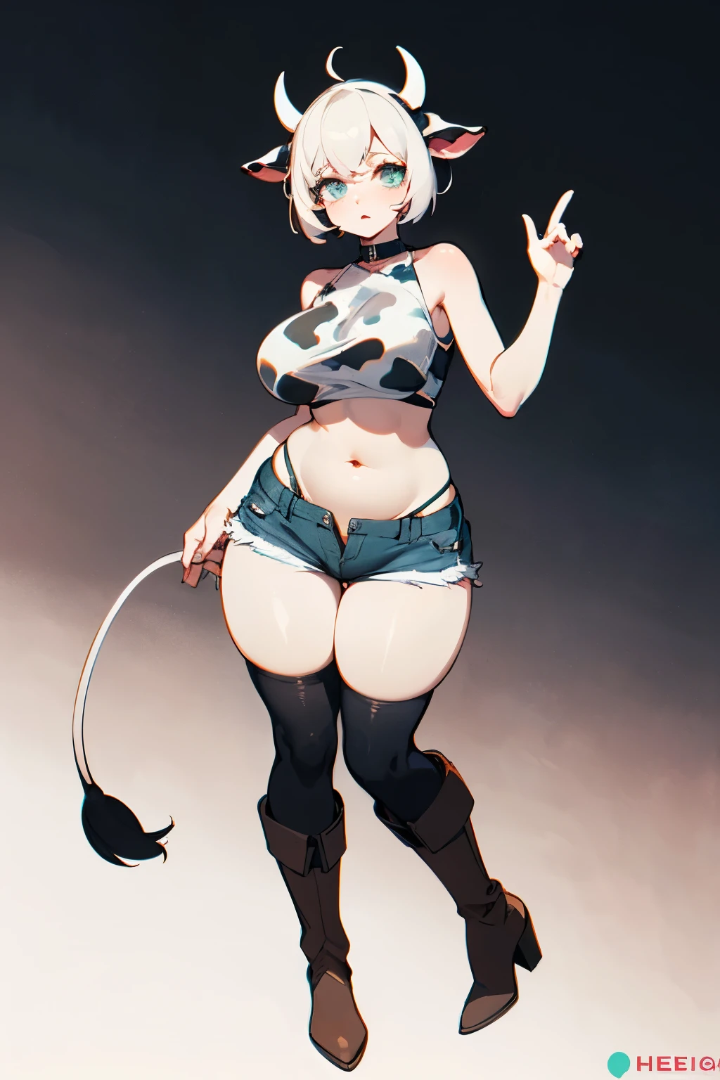 ((High quality)), ((HD)), ((very attractive, curvy and sensual woman)), cow semi-human, ((very pale and milky skin)), chubby, long white hair styled in a messy bun, light aqua eyes with long eyelashes, ((cow ears)), ((small cow horns)), ((cow tail)), wide hips, thick thighs, ((very big and heavy breasts)), big butt, cow print crop top, very short and tight jean shorts, black thong strings up to the hips, heeled brown boots.