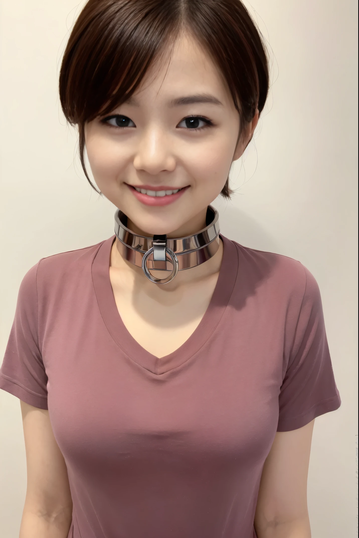 (8K, An ultra-high picture quality,top-quality),(​masterpiece:1.5),face,looking at viewer,(simple background),femele,short sleeved shirt,((Iron collar)),((short hair))red blush,a smile