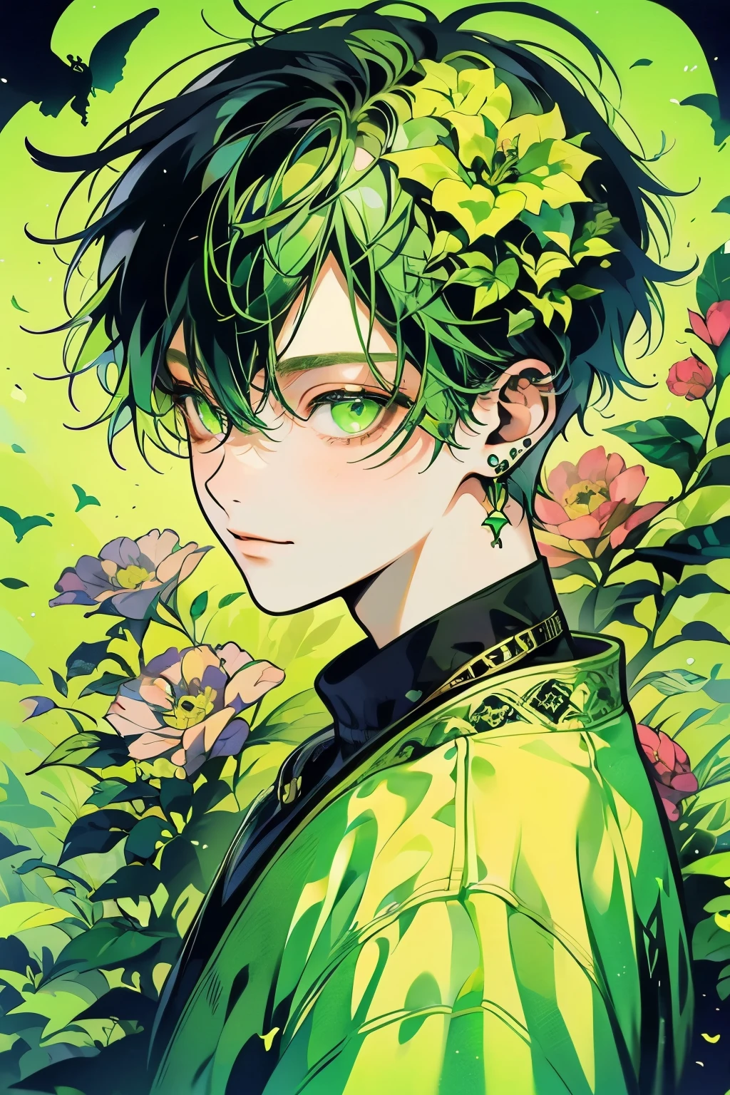 (masutepiece), (Best Quality), Highly detailed, 1 boy, Solo Focus,Perfect face, Beautiful face, extra detailed face,(Green hair:1.3),(Green eyes:1.3),Flower butterfly々,flower petals,optic,a smile,shiny