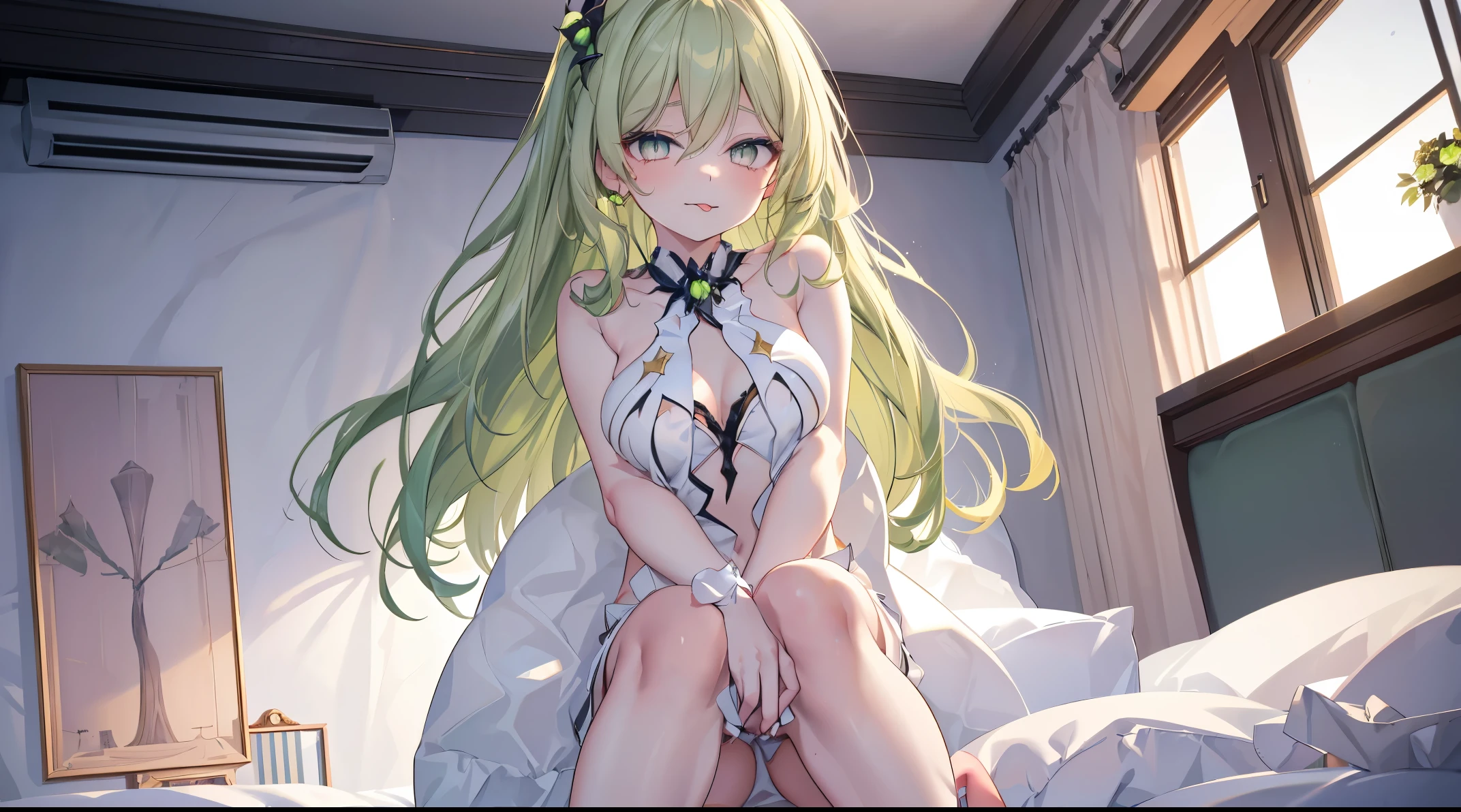 1 girl,Best quality, tmasterpiece, beautiful,detailed eyes, HD, extremely detailed, Visually inspect the audience, long green hair, (green eyes:1.3), (((solo:1.1))), Mouth sticking out tongue,The face is slightly red,is shy,full bodyesbian,adorable,Lori small breasts cleavage,white dress,(sitting on his knees on the bed:1.4),
