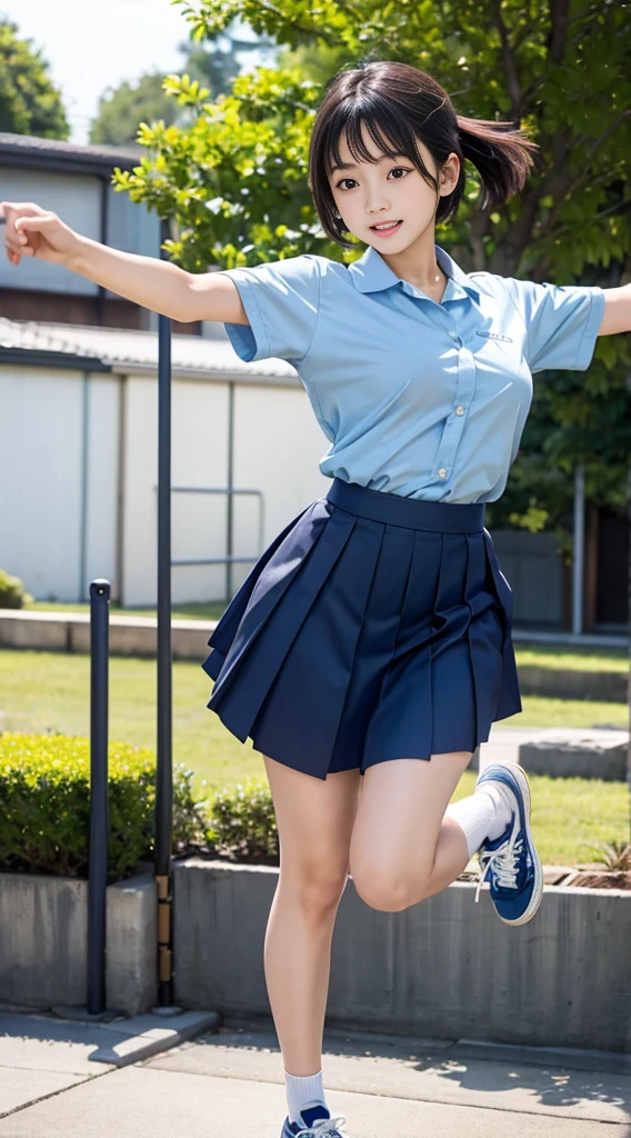 Japan girls, Japan, 18 year old girls, short hair, black hair, brown eyes, small breasts, perfect figure, perfect skin, school uniform, light blue shirt, navy blue skirt, underwear, panchira, sneakers, feeling jumping and bouncing happily, jumping, schoolyard,