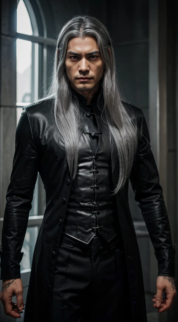 A man that has long, silver hair, he has fang, demon eyes, black suit but not normal, he looklike king. He has asian face and he is god. Whole body