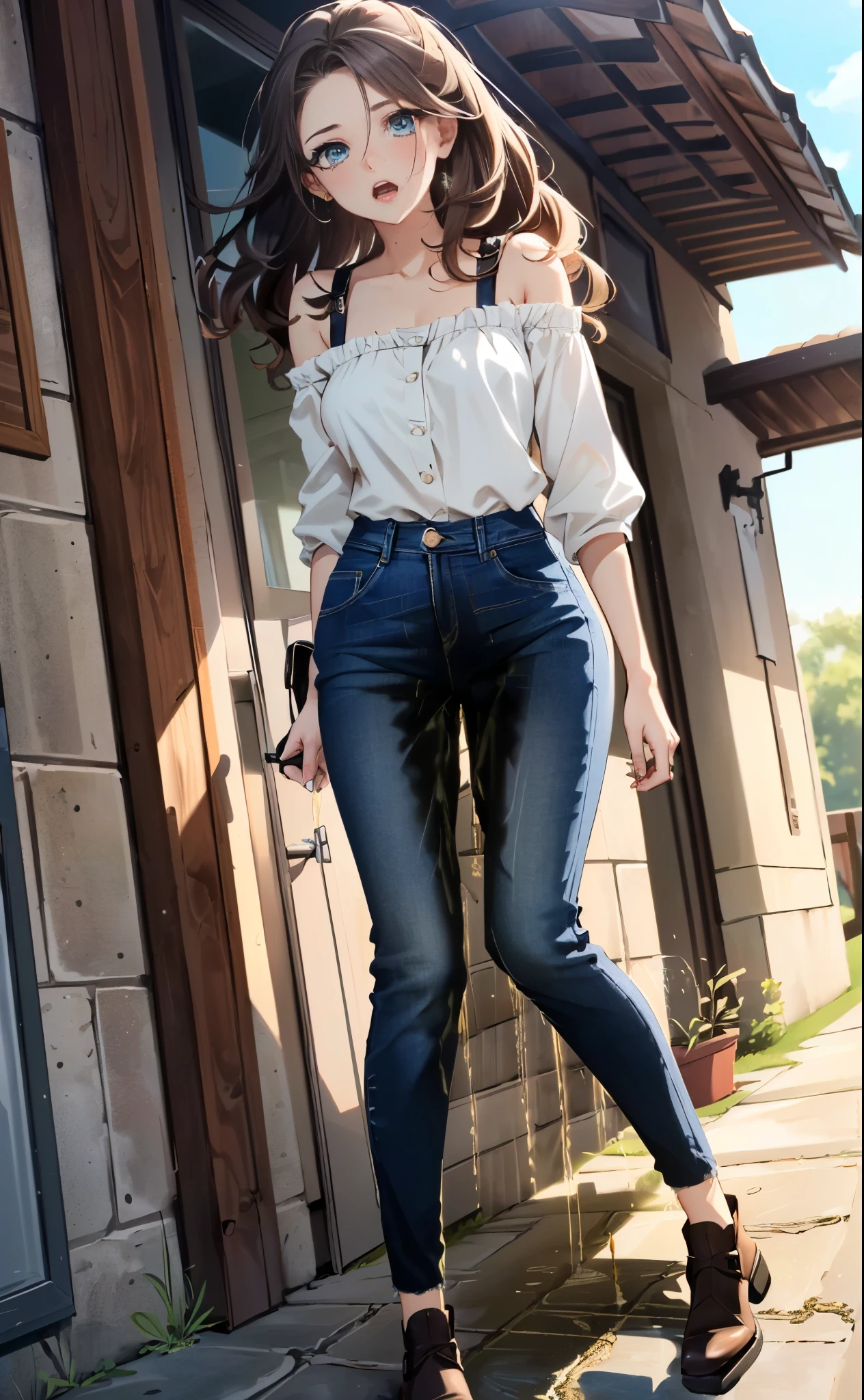 masterpiece, extremery magnificent view, perspective, extremery best quality, extremery detailed CG, 8k wallpaper, ultra high resolution, highly detailed face, highly detailed eyes, perfect anatomy, super detailed skin, not safe for work,
(dynamic angle, dynamic pose:1.2), outdoors, rural town, (portrait, legs focus, full body shot), (beautiful face, beautiful eyes, beautiful legs:1.3), (((peeing self:1.8))),
1girl, 20-year-old, European woman, (brown hair), wavy hair, bra lenght hair, forehead, blue eyes, blush, worried, open mouth, large breast, (white blouse, bare shoulder), skinny, wide hips, thin waist, (skinny jeans:1.4, medium blue jeans:1.4), (black chelsea boots)