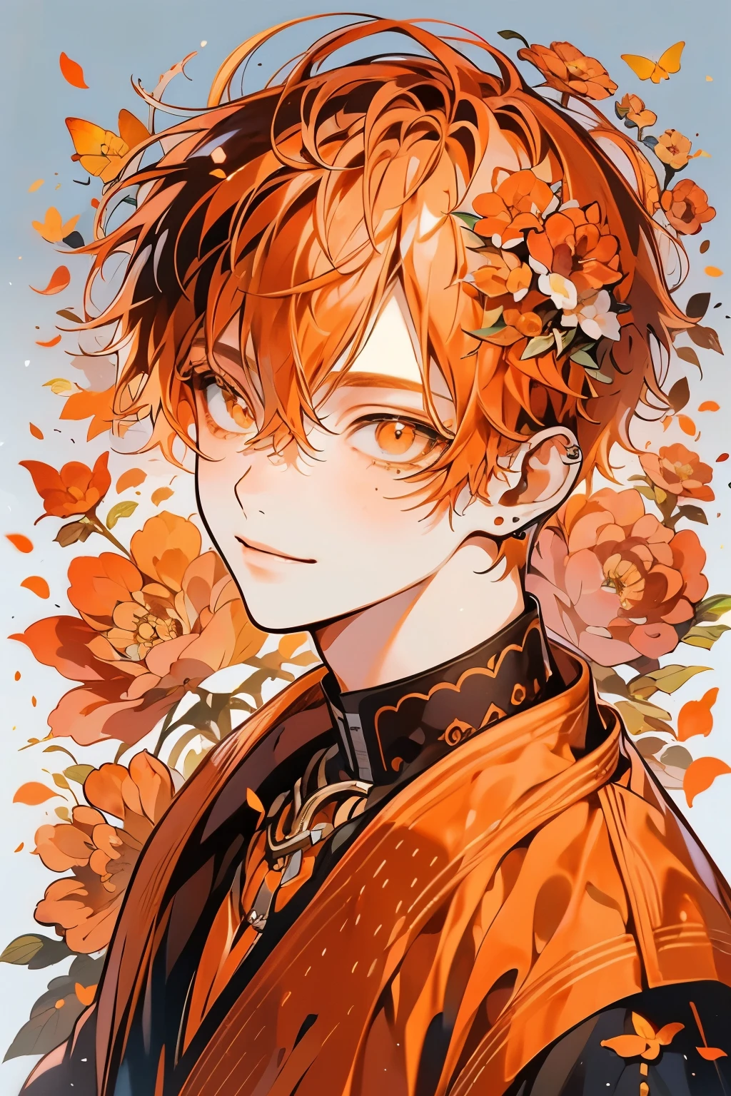 (masutepiece), (Best Quality), Highly detailed, 1 boy, Solo Focus，Perfect face, Beautiful face, extra detailed face，(Orange hair:1.3)，(Orange Eyes:1.3)，Flower butterfly々，flower petals，optic，a smile，shiny