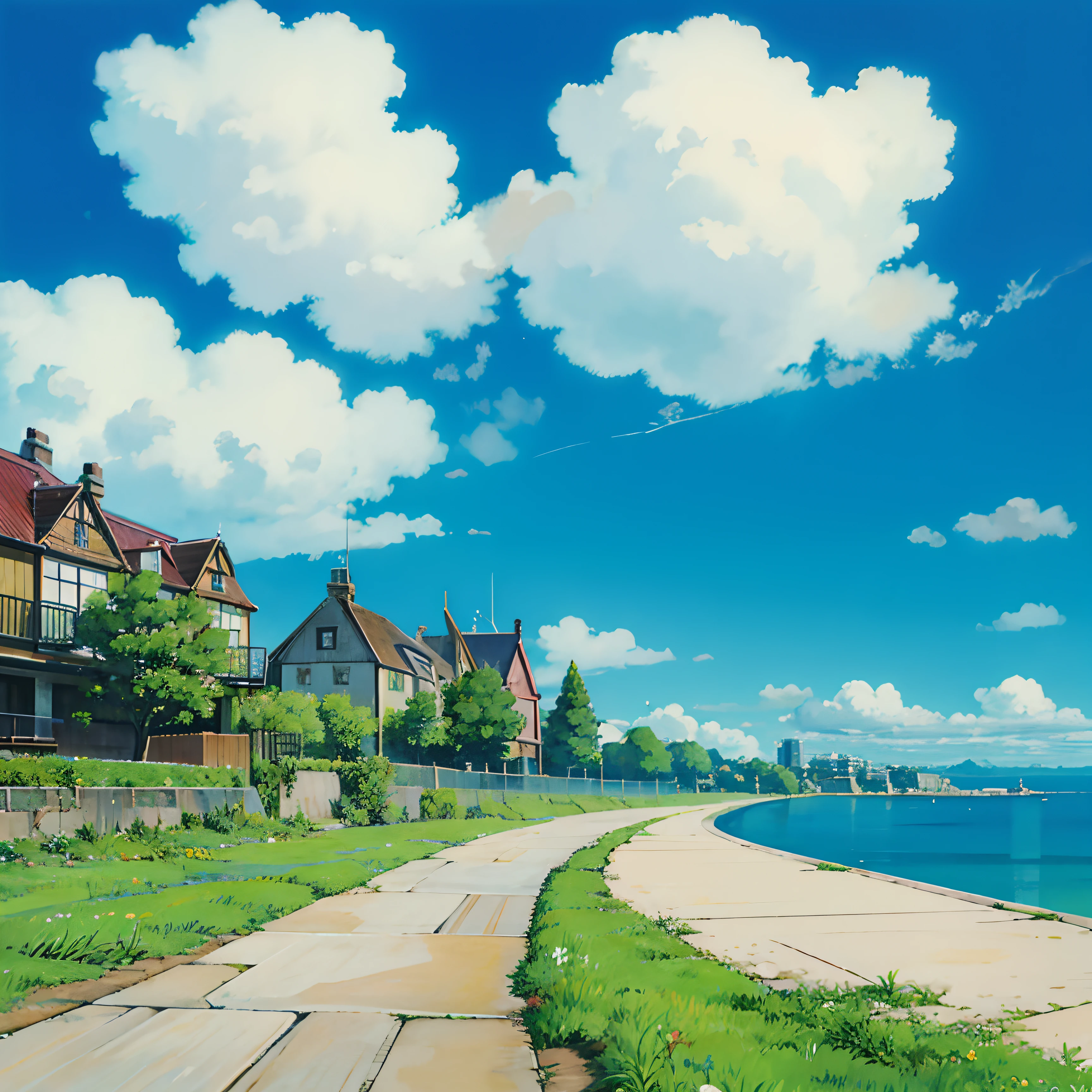 and soul、sky landscape with clouds、没有建筑物的scenecy、You can see the feel of the brush、Studio Guibli、Guibli、scenecy、styled、golden age、