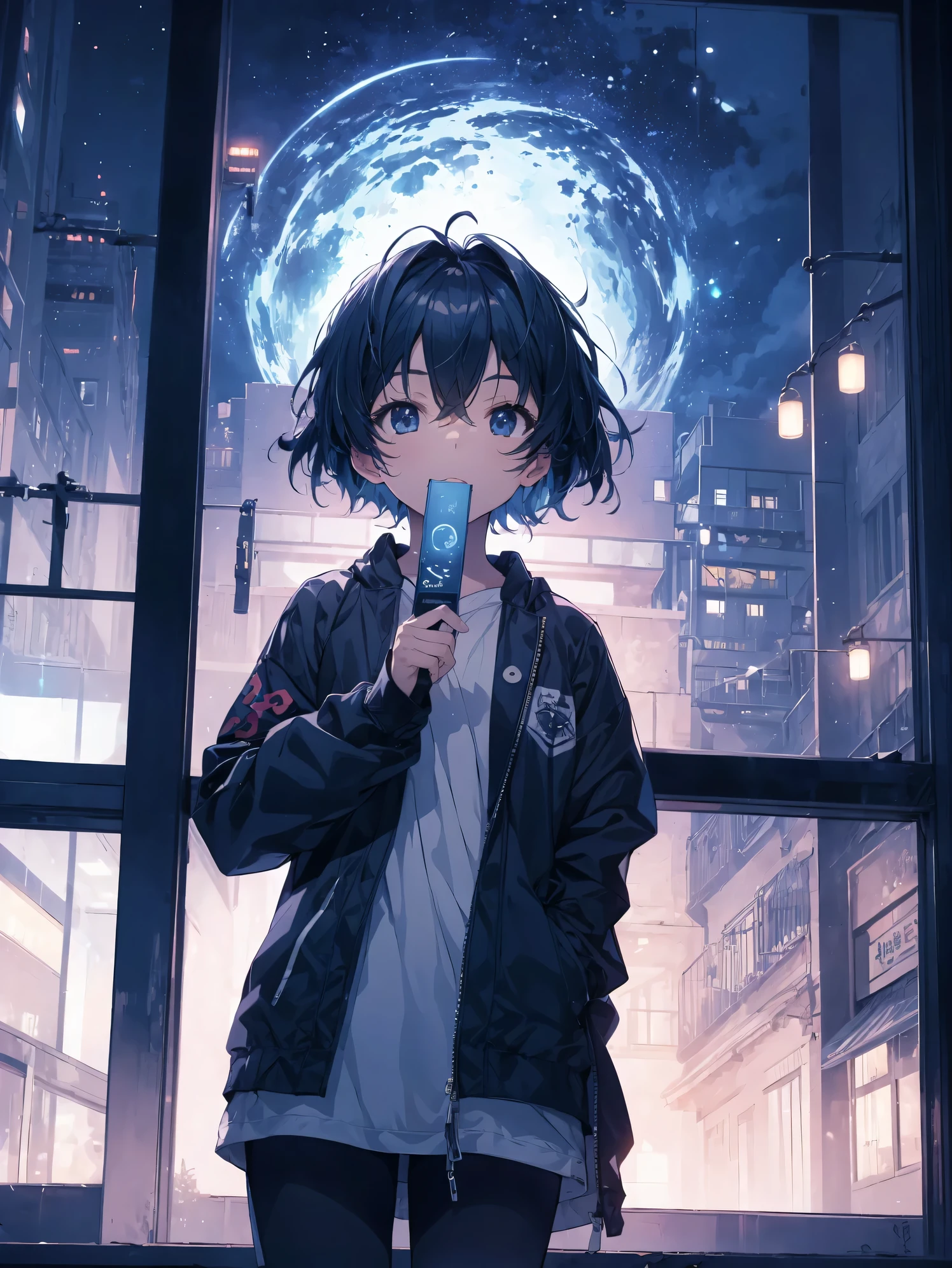 Super high quality by the art god, Ultra-detailed, High resolution,  ilya kuvshinov style, anime moe art style, best anime 8K konachan wallpaper, Pixiv Contest Winner, Perfect Anatomy, BREAK,(Please draw a picture of a girl sitting and looking at the night view..),BREAK, a hyperrealistic schoolgirl, (Solo,Lori,child,13years:1.3),Full limbs, complete fingers,a junior high school student, Androgynous attraction, (Very short hair), hair messy, flat chest, Small butt, groin, Small eyes,Beautiful detailed black eyes, Well-proportioned iris and pupils, High resolution detailed hair,Calm face, Sitting in an apartment room on a high floor, nigh sky, city landscape, view the viewer, City lights, window, Highlight, dramatic lights, BREAK,Ultra-detailed細なスキン, Best lighting by famous artists, 8K, Illustration.