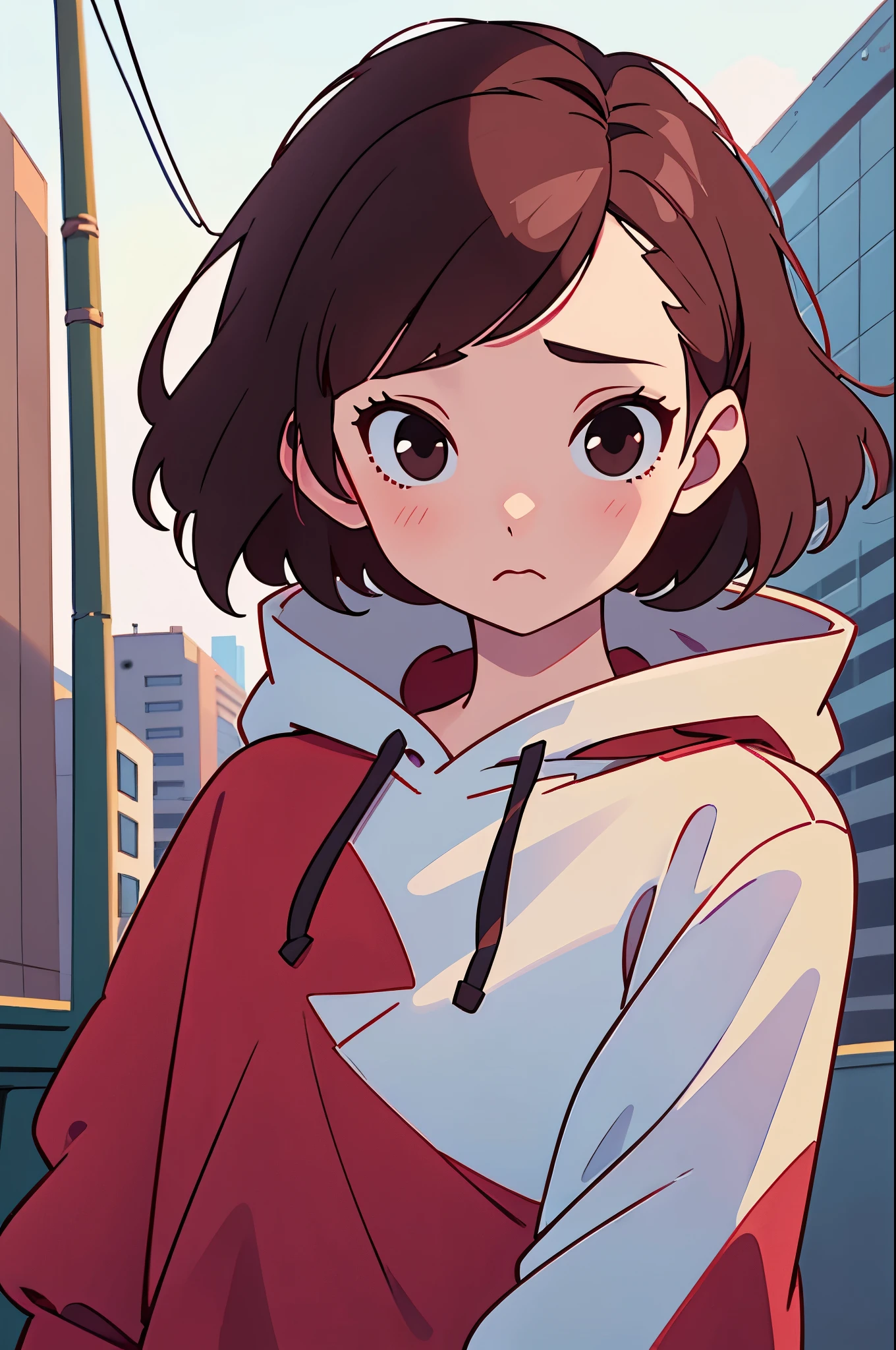 A pretty women,25 yo,pale skin,cupid lips,black eyes,short brown hair,wearing red hoddie,look sad,look at viewers,upper body,HD,comic,manwha,anime,modern city backround