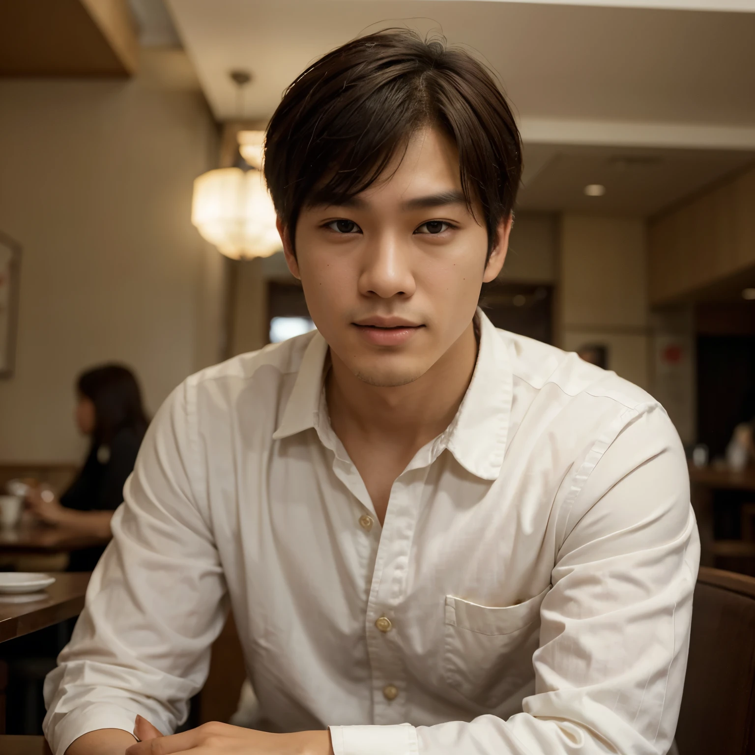 Capture Haruto Kim, a Korean-Thai man in his early twenties with an oval face, almond-shaped brown eyes, and stylish messy ash brown hair, in a rule-of-thirds composition at a Tokyo café. He's wearing a white shirt and dark chinos, seated with a relaxed posture, exuding charm. Use a shallow depth of field to softly blur the café background, focusing sharply on his face and outfit. The lighting should be warm and soft, highlighting his facial features and creating a bokeh effect in the background. Apply subtle post-processing for a natural, high-quality look.