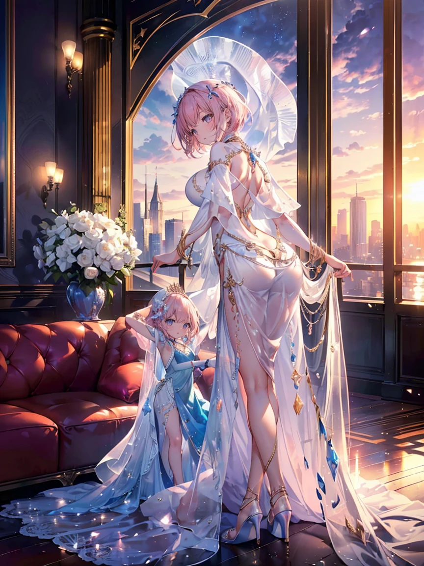 (top-quality,High resolution,(Ultra high definition,4K), (超A high resolution,in 8K),masutepiece:1.2), (Perfect Anatomy,Anatomically accurate), (Angle from below), (Soft lighting, rendered), ((very beautiful goddess mother and daughter)), ((detailed goddess)), (((evening gown))), ((Beautiful view from the lounge of a luxury hotel)), (Goddess mother and daughter arm in arm), (from the rear, Look back:1.2), (fascinated expression), (extremely detailed and beautiful face), (Crisp double eyelids), (Large breasts:1.3), (Soft skin), (Photorealistic), (shinny skin), (pinkhair), (Pixie Cut)