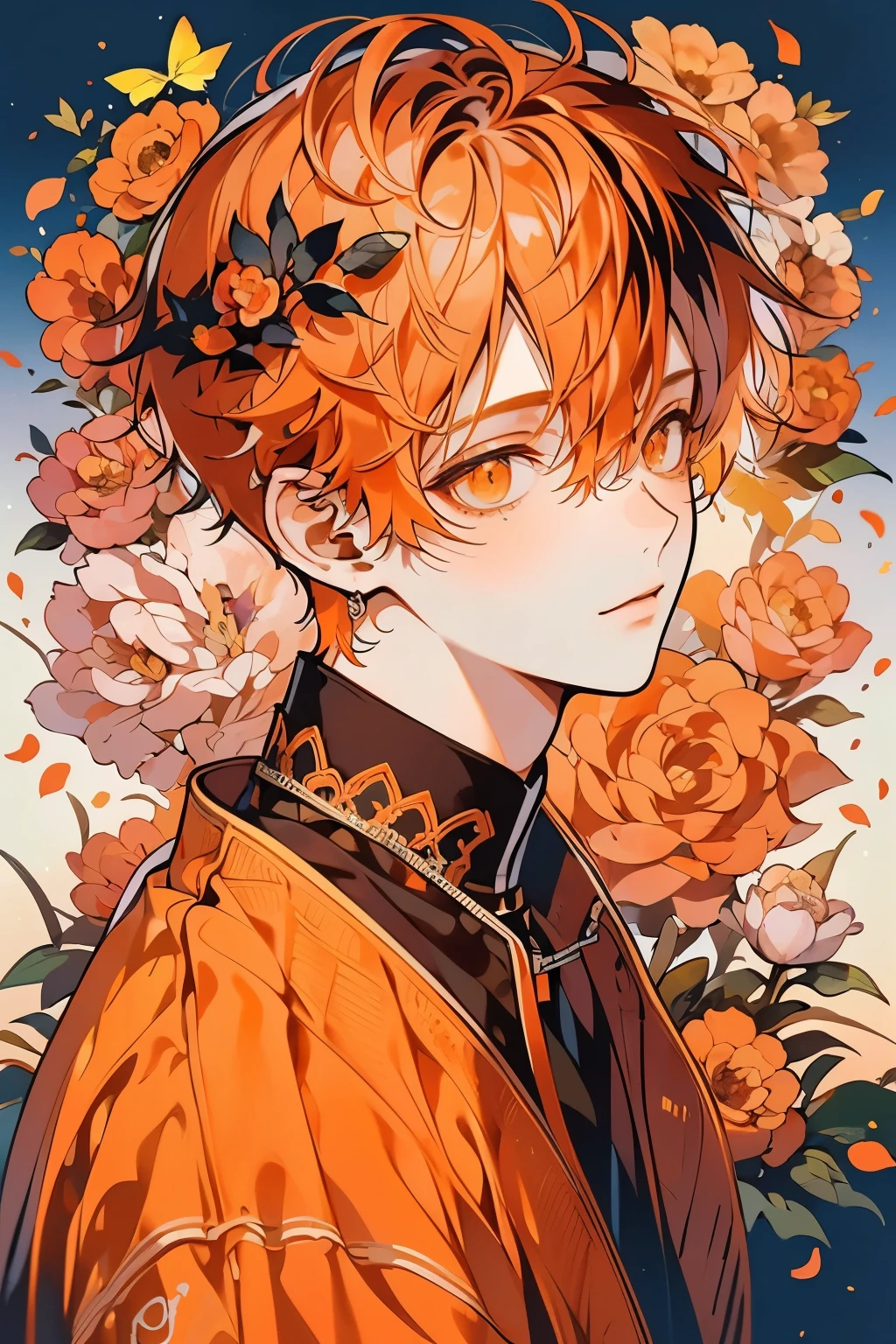 (masutepiece), (Best Quality), Highly detailed, 1 boy, Solo Focus,Perfect face, Beautiful face, extra detailed face,(Orange hair:1.3),(Orange Eyes:1.3),Flower butterfly々,flower petals,optic,close your eyes and laugh,shiny