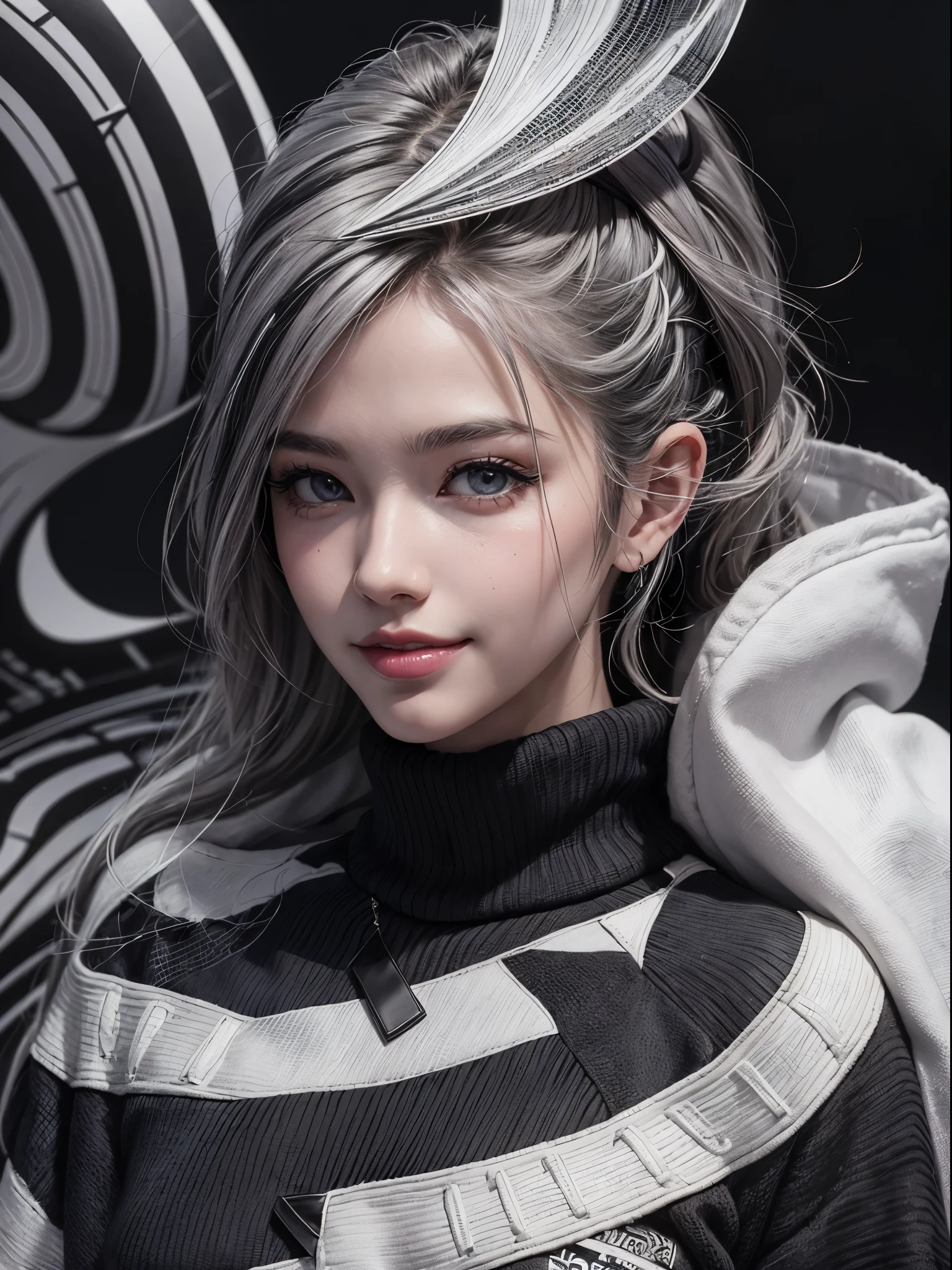 (Realistic:1.8), (Digital art:0.2), (Geometric art:1.7),(agpi official art, beautiful and aesthetic, ultra detailed, beautiful, masterpiece, best quality:1.6), (1girl:1.2), (Detailed face:1.2), (Detailed eyes, Glossy Lip:1.5), Detailed hair, young fingers, Detailed fingers, five fingers, BREAK cute ig model, Japanese cute model, 22 years old, Tightened all body, small head, small face, small mouth, diamond Face, small nose, Sharp Faceline, (dropy eyes, Double eyelid, Light color eyes, Glossy eyes, Shiny eyes:1.2), Shiny skin, shiny hair, (gray hair:1.2),
_
BREAK (happy, smile, Teeth:1.2),beautiful Teeth, (upper body:1.5), sitting, from front,
_
BREAK (BLACK and White theme:1.4), (view:1.2), (close-up emphasizing sweatshirt details:1.2), BREAK (black theme:1.2), (oversized black hoodie with geometric cutouts and patterns:1.2), (white skinny leggings with subtle geometric patterns:1.2),