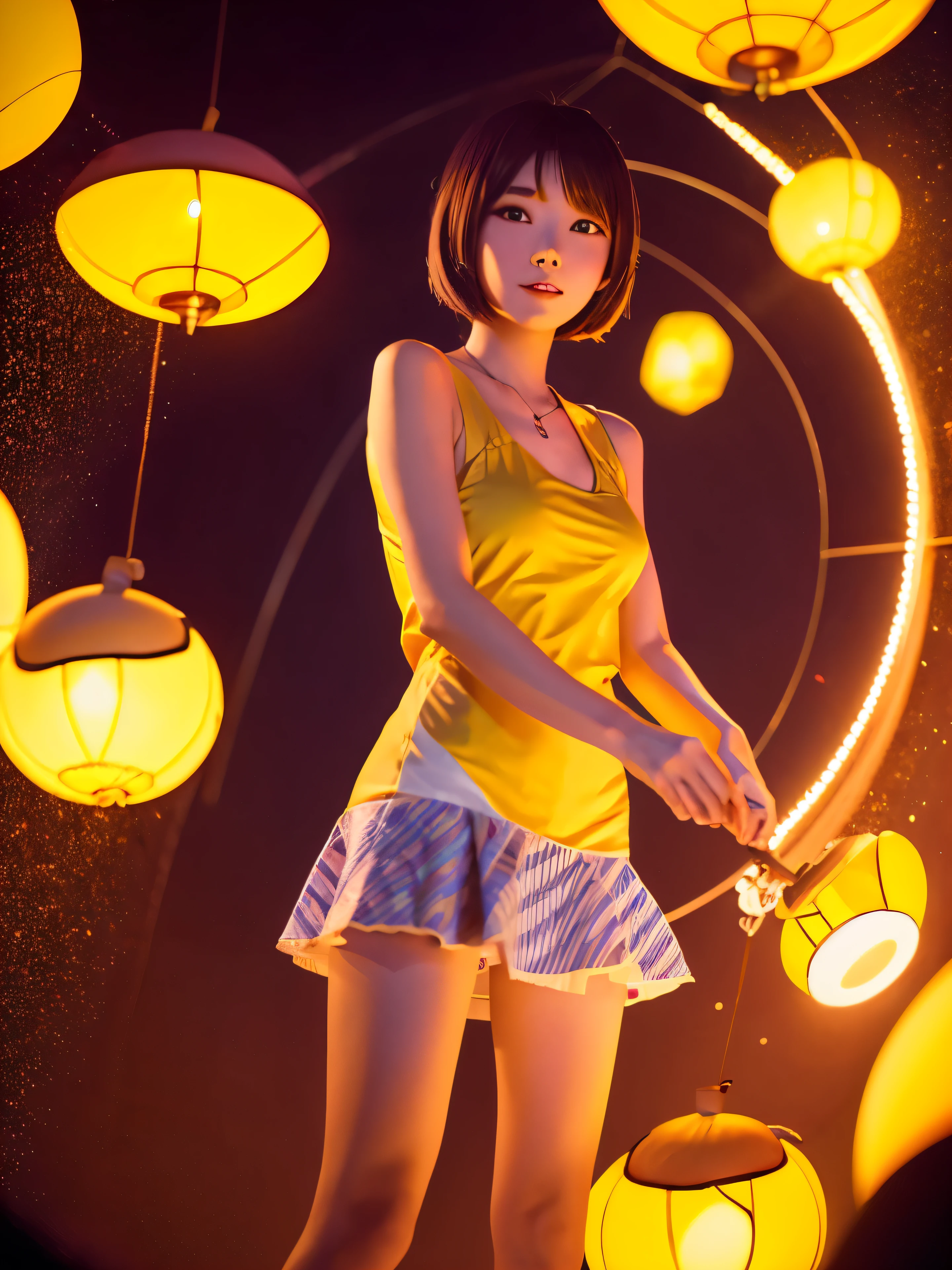 masutepiece, High resolution, Anime-style beautiful girl, homunculus, Magic Circle, Small room with phosphorescent flash, Perfect Beautiful Girl, Yellow dress,Clean clothes, glowing from the inside, Staring at the viewer, laught, 3D Rendering, Perspective, Great anime style, Impressive lighting, Fantastic,