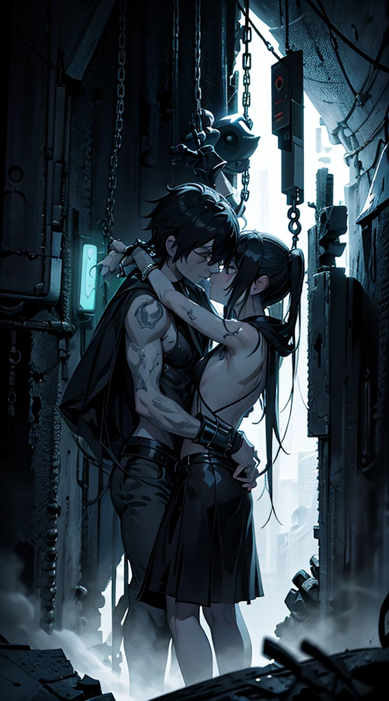 a naked handcuffed mato kuroi from black rock shooter hugging an emo guys, space, space ship, futuristic, bdsm, bodnage, sex,rape , forced, sexual intercourse, handcuffed, restrained,