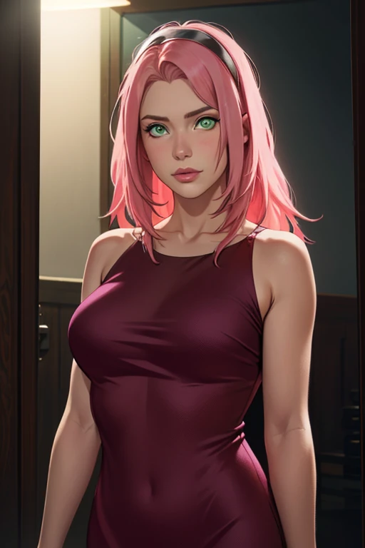 Super-realistic, (front focus),(in the dark:1.6), Hyperrealist portrait of female by david hockney and alphonse mucha,fantasy art, photo realistic, dynamic lighting, artstation, poster, volumetric lighting, very detailed faces, 4 k, award winning, a pink haired mature female, solo, 1girl, sakura\(boruto\), in the dark, deep shadow, low key,cowboy shot,(two-piece nightgown) , long hair, pink hair, perfect face, perfect nose, perfect green eyes, perfect lips, realistic face and body, low key image, sharp texture, 4k, 8k, shot with Canon EOS 5D Mark III, 50mm, f/8, upper body closeup, big breasts, standing
