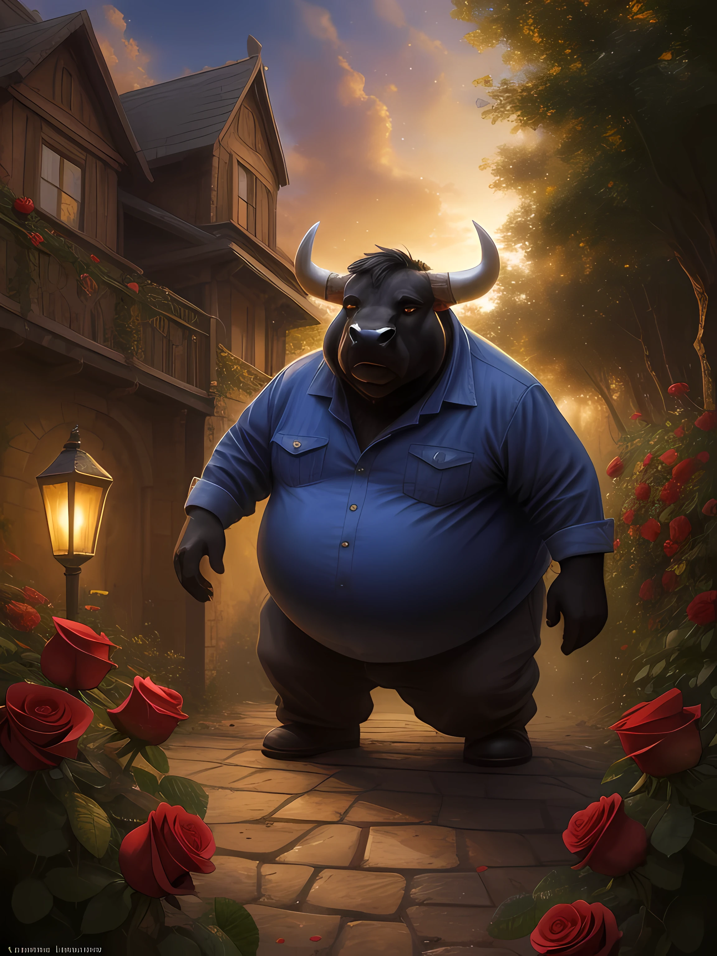 (Obese, Overweight male, anthro, bull boy) beautiful black , hyper realistic. ((roses, dew)), digital art, concept art by Pino Daeni, Jeremy Mann, Jean-Baptiste Monge style, bright, beautiful, splashes, sparkling, filigree, rim lighting, light, extremely, magical, surreal, fantasy, digital art, Greg Rutkowski, complex artistic masterpiece, sinister, matte painting, golden ratio, intricate, epic, very detailed, vivid, production cinematic rendering, 8K, HDR, RGB, Ultra-HD, global lighting with ray tracing, romanticism, realism