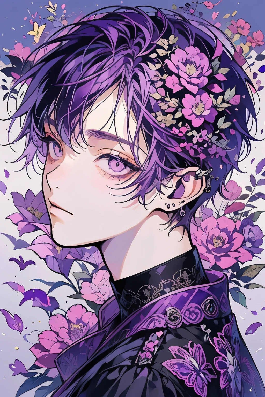 (masutepiece), (Best Quality), Highly detailed, 1 boy, Solo Focus,Perfect face, Beautiful face, extra detailed face,(Purple hair:1.3),(Purple eyes:1.3),Flower butterfly々,flower petals,optic,shiny