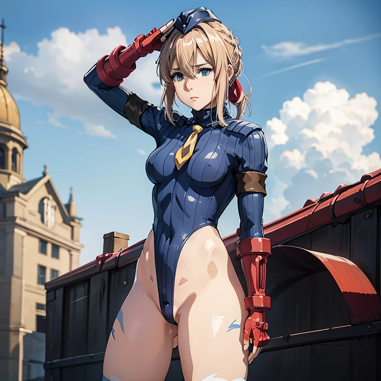 ultra-detailed, Explicit, Beautiful body, Beautiful Nose, Beautiful character design, perfect eyes, perfect face, ultra highres, 4K, beautiful legs, perfect legs, Nice hands, Perfect hand, Masterpiece, Best Quality, Highly detailed, illustration, absurdres, street fighter, doll suit, shadaloo doll, dollsuit, expressionless, blank eyes, looking at viewer, red gloves, emotionless, black latex, corrution, mind control, female combatant, full body, hypnotized, unhappy trance, full body suit, ribbed bodysuit, both arms at side, obey, perfect female body, extremely glossy latex, hypnosis, hypnoLora, empty eyes, Mind control device, poses, submissive_pose, Slave, hat, necktie, stand up straight, standing, standing at attention, hat, necktie, belt, latex, ribbed bodysuit, thighhighs, garter belt, Fighting Stance, extending the right arm from the shoulder into the air with a straightened hand, nazi saluting, military, military saluting, salute, thigh boots, solo, 1girl, violet evergarden, blonde hair, blue eyes, hair ribbon, ribbon, short hair, braids, hair braids, red ribbon,