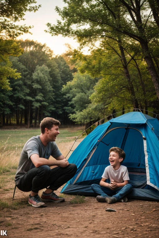 Dad and son Camping, tent, Laughing face, intricate, (masterpiece, Representative work, official art, Professional, unity 8k wallpaper:1.3)