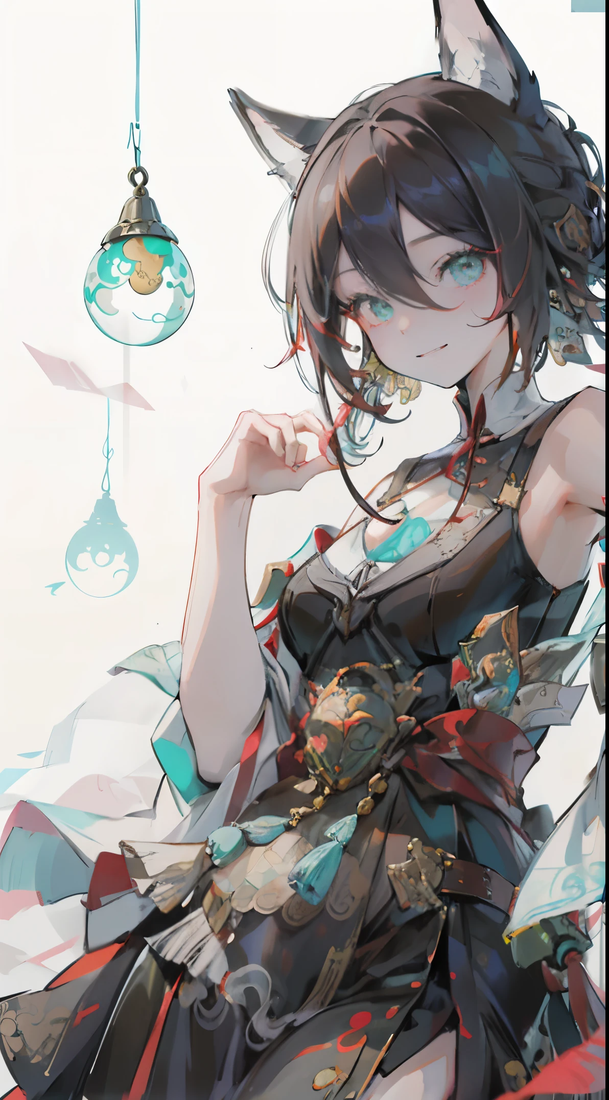 masterpiece, 1girl, tingyun, creepy smile, close-up, (monochrome:0.8), dead eyes, holding up a bell, pattern background, dark cyan tint, character in lower half of image, golden spiral type composition