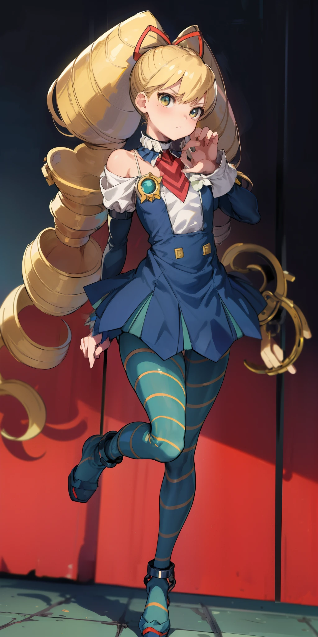 masterpiece,best quality,1girl,mmplatz,twintails,twin drills,dress,blue pantyhose,striped pantyhose, Female, standing, straight, looking at viewer, handcuffs on their hands, with a collar around the neck, slave, ((black choker, shackles on legs and arms))