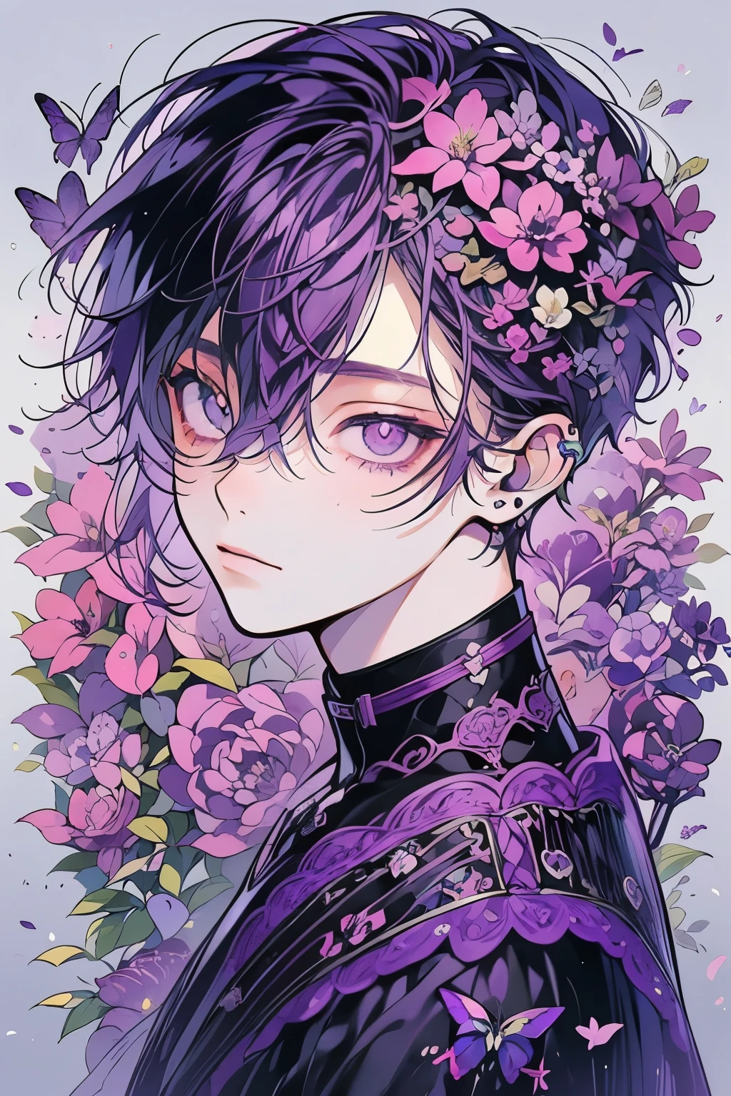 (masutepiece), (Best Quality), Highly detailed, 1 boy, Solo Focus，Perfect face, Beautiful face, extra detailed face，(Purple hair:1.3)，(Purple eyes:1.3)，Flower butterfly々，flower petals，optic，shiny，(One eye is hidden by hair:1.4)