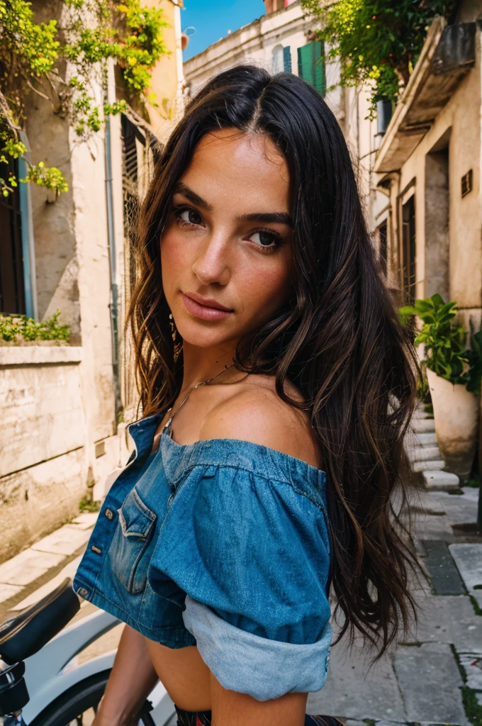 (best quality,4k,8k,highres,masterpiece:1.2),ultra-detailed,(realistic,photorealistic,photo-realistic:1.37),1 girl,long wavy hair,dark brown eyes,nature,top,short skirt,street,Italy,illustration,textures,shadows,colors,venice canals,flowers,bicycle,water reflections,bridge,architecture,sunlight,graffiti art,painting style,vivid colors,lively atmosphere,romantic,summer vibes