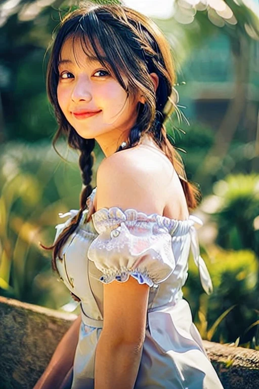 Smiling、Full body like、profile、masterpiece, top-quality, Raw foto, Photorealsitic, Face, Beautiful girls, cute little, shorth hair, Floating hair、((Braided hair))、 {{{{Colossal tits!!}}}}、depth of fields, hight resolution, ultra-detailliert, finely detail, extremely detailed, Very detailed eyes and face, Sharp pupils, foco nítido, Cinematic lighting