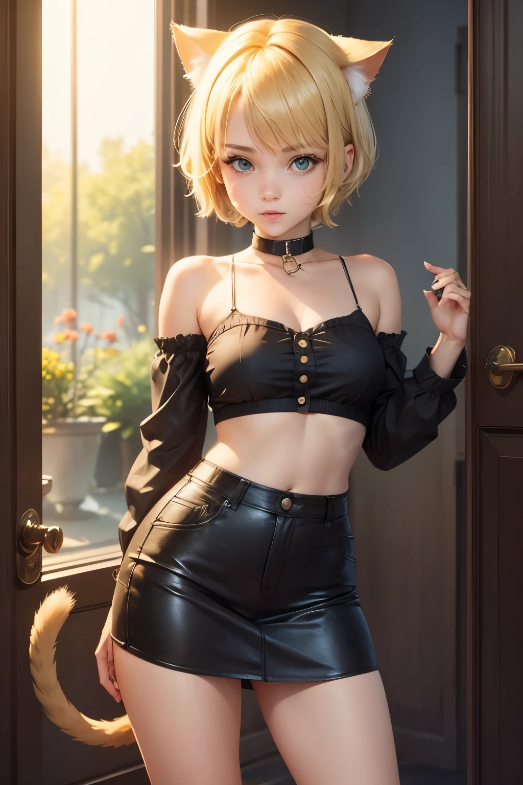 cute girl, Short blonde hair, Cat ears, cat tail,