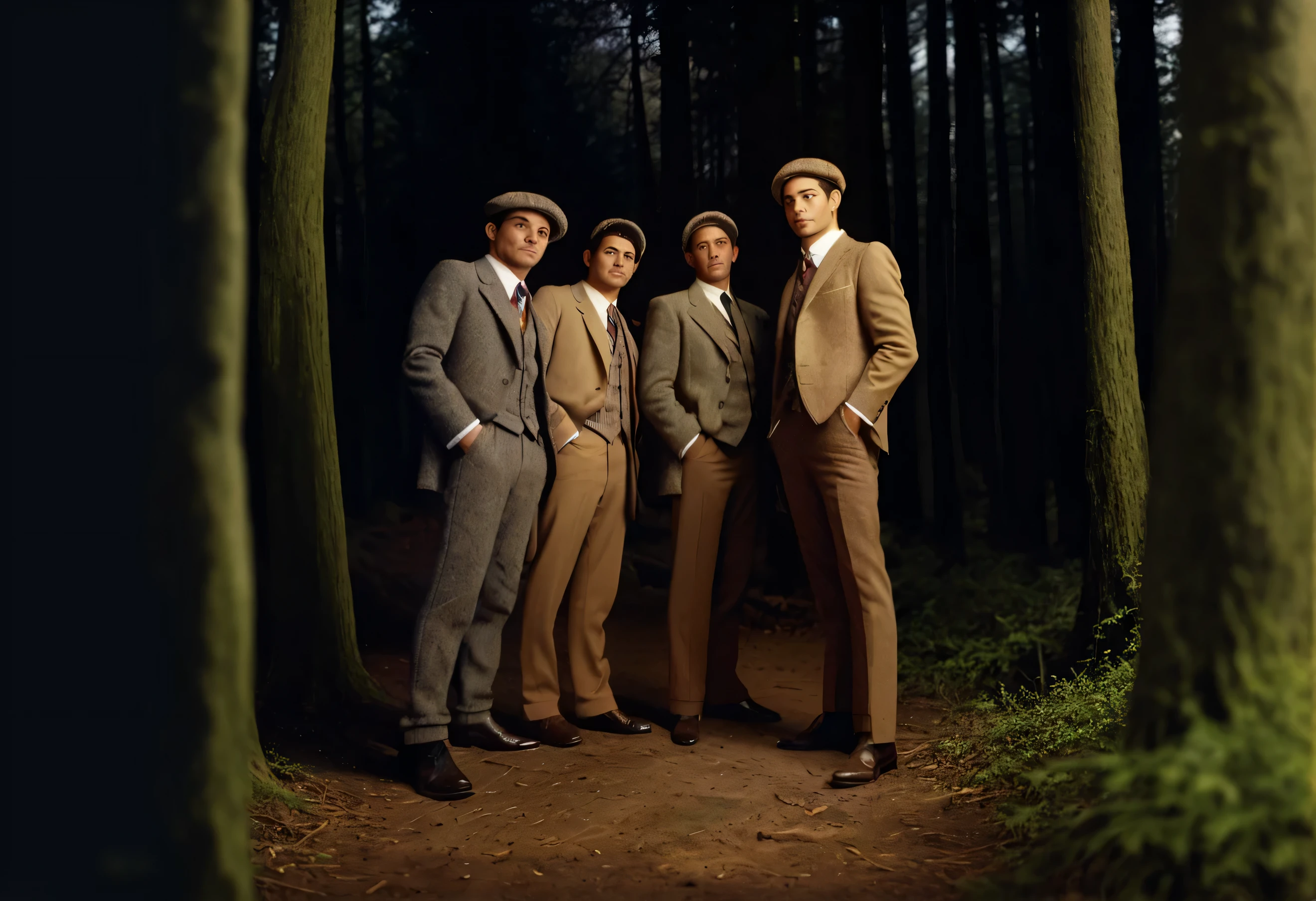 three men in suits and hats standing in a forest, dressed in 1970s menswear, 1930s style clothing, 1 9 2 0 s cloth style, 1 9 2 0 s clothes, dressed like in the 1940s, leyendecker style, wearing 1 9 2 0 s fashion, costumes from peaky blinders, jazz age