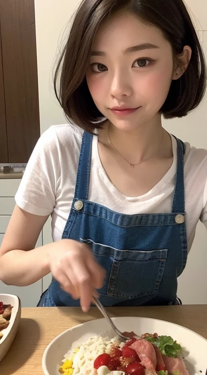 a closeup, masterpiece, top-quality, Take photos from the ingredients being cooked、Taken from below、 Raw foto, Photorealsitic、unbelievable Ridiculous,A faint smile、 beautiful a girl, White T-shirt、pink apron、In the middle of the meal、tasting、Short bob hairstyle、Medium size breasts、Hair fluttering in the wind、