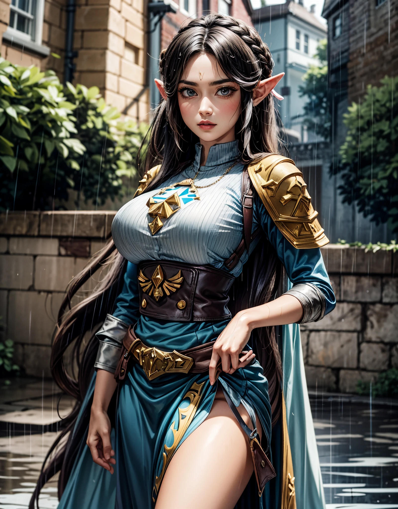 In a “victory pose”, ((Zelda's)) character, 30 years old, displays an imposing image. With long hair, a dynamic posture and a robust street look, she stands out in front of a gigantic castle wall crumbling. Symmetrical and expressive eyes, long and black hair, all illuminated by a cinematographic lighting in Unreal Engine 5 with Octane, create a dramatically detailed scene. Sharpness and precise focus enhance every detail, resulting in smooth studio-quality rendering. | {The camera captures her in a victorious pose, standing confidently on the rain-soaked street with the crumbling castle wall in the background} | ((long_hair:1), ((rugged:1), ((symmetrical_face):1), ((streetwear:1), ((rainy_background):1), More_Detail.