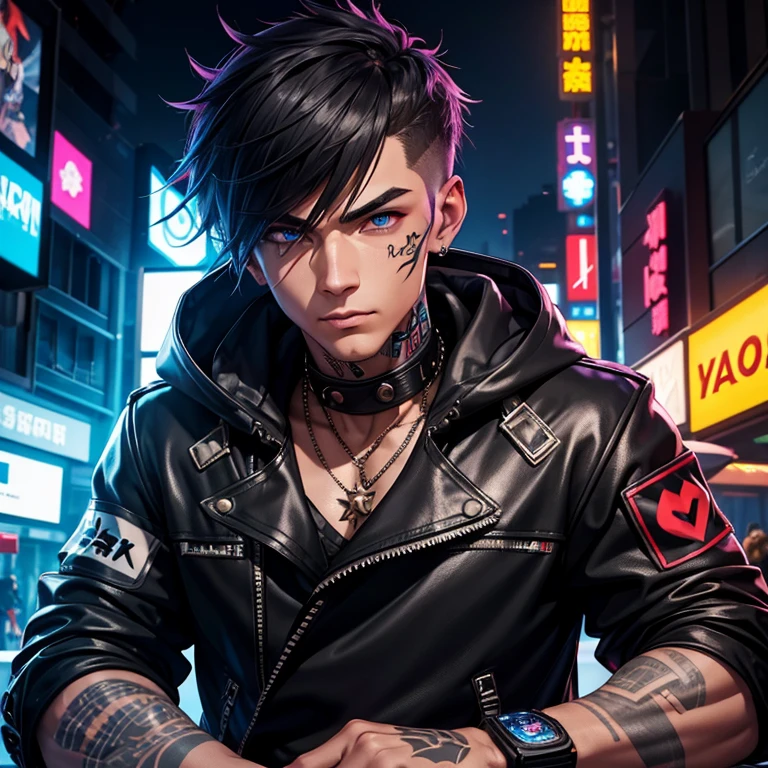 Create a war game icon image。EDM dj style male character。has a charming atmosphere。Wearing a hood、Wearing a rider's jacket。Street-inspired fashion。Wear flashy accessories、Tattoos visible on arms and neck。The background is a cyber city giving an impression of the apocalypse.。