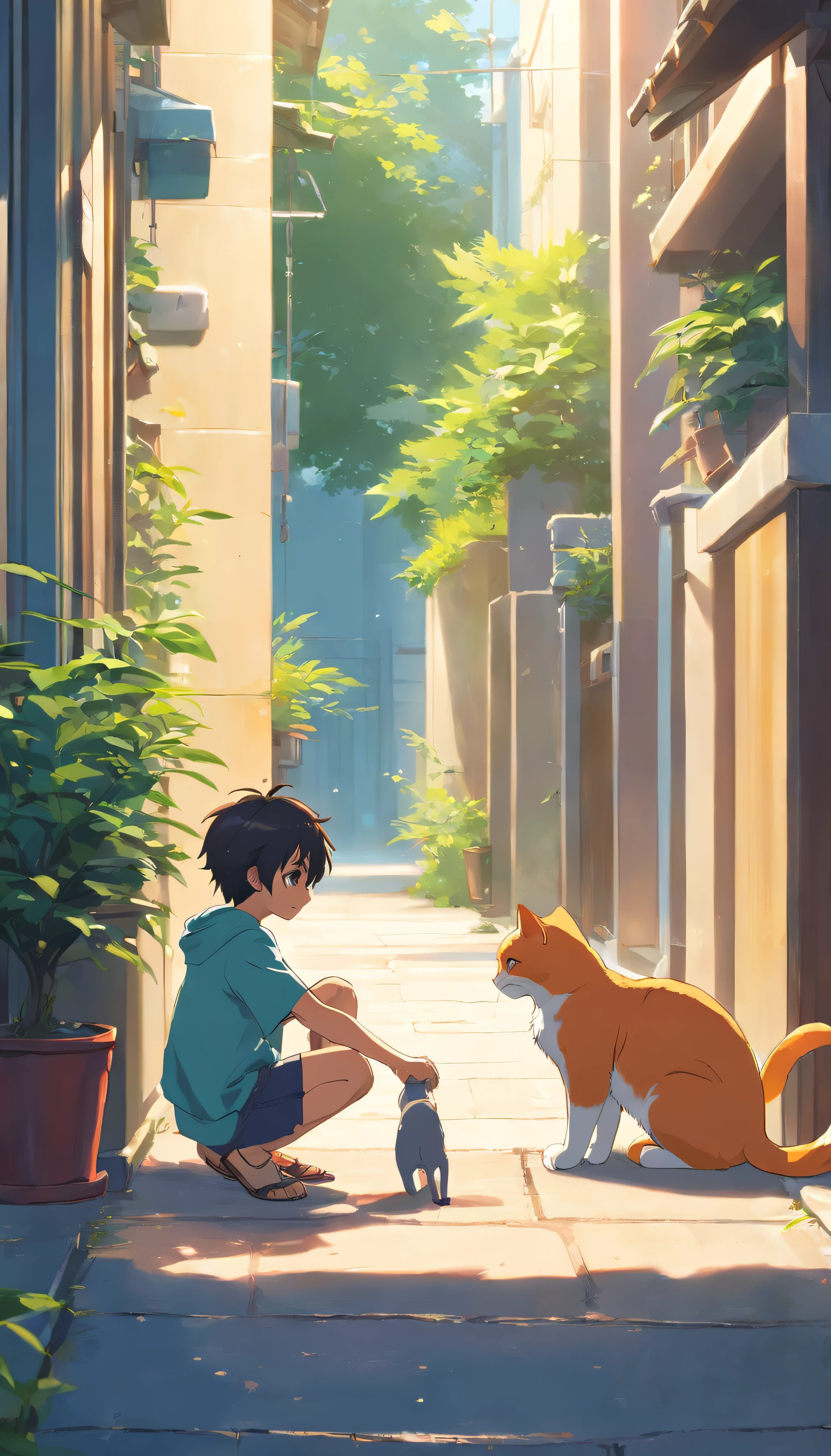 The boy crouches down to feed the cat
