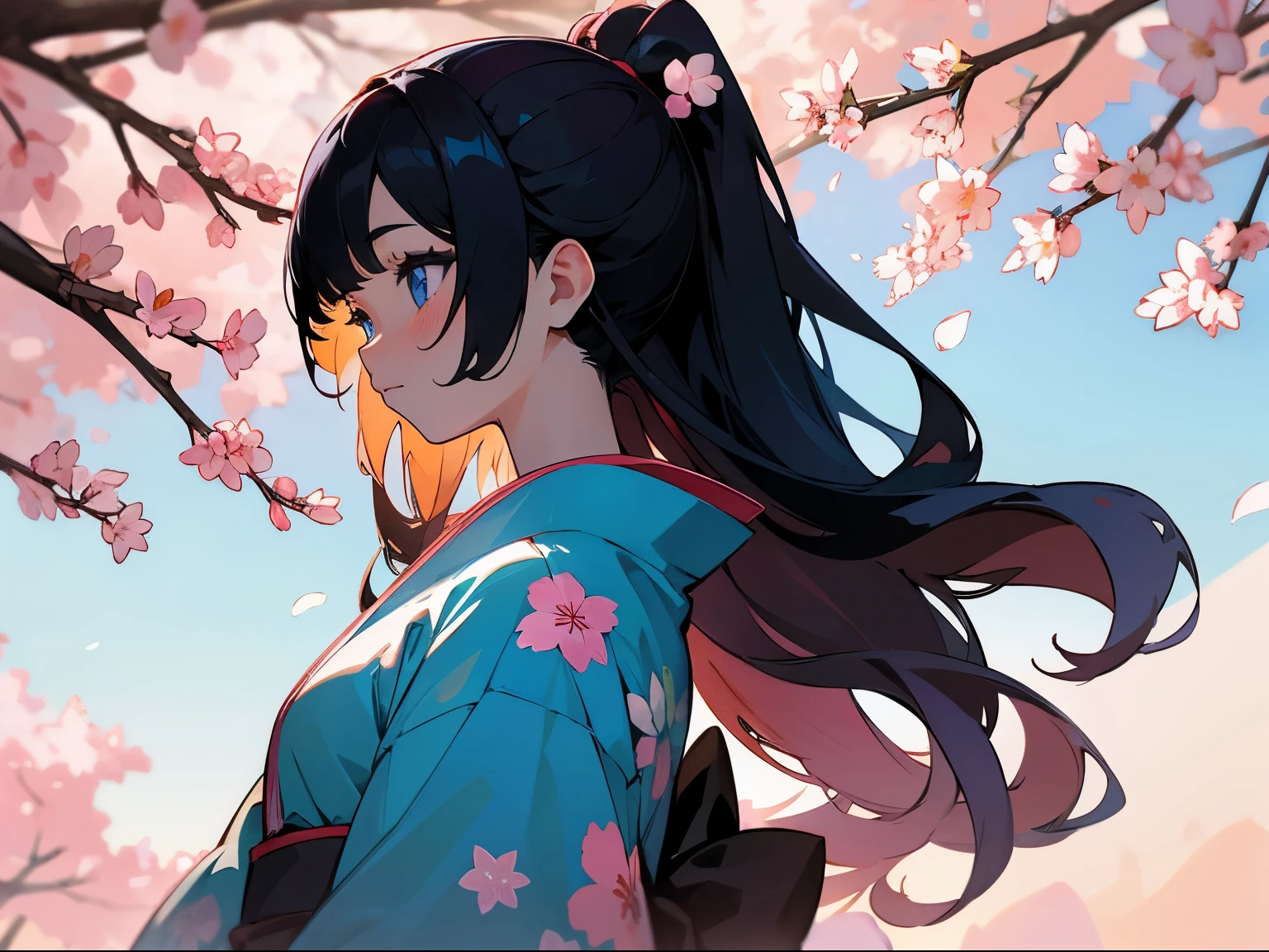 Fantastic mountain, sunrise and cherry blossom background、Back lighting、Kimono full of floral patterns、Girl with blue inner color, black hair, and light blue eyes。Profile with sunlight filtering through the trees looking diagonally upward to the left。Close-up of the eyes。art noveau、