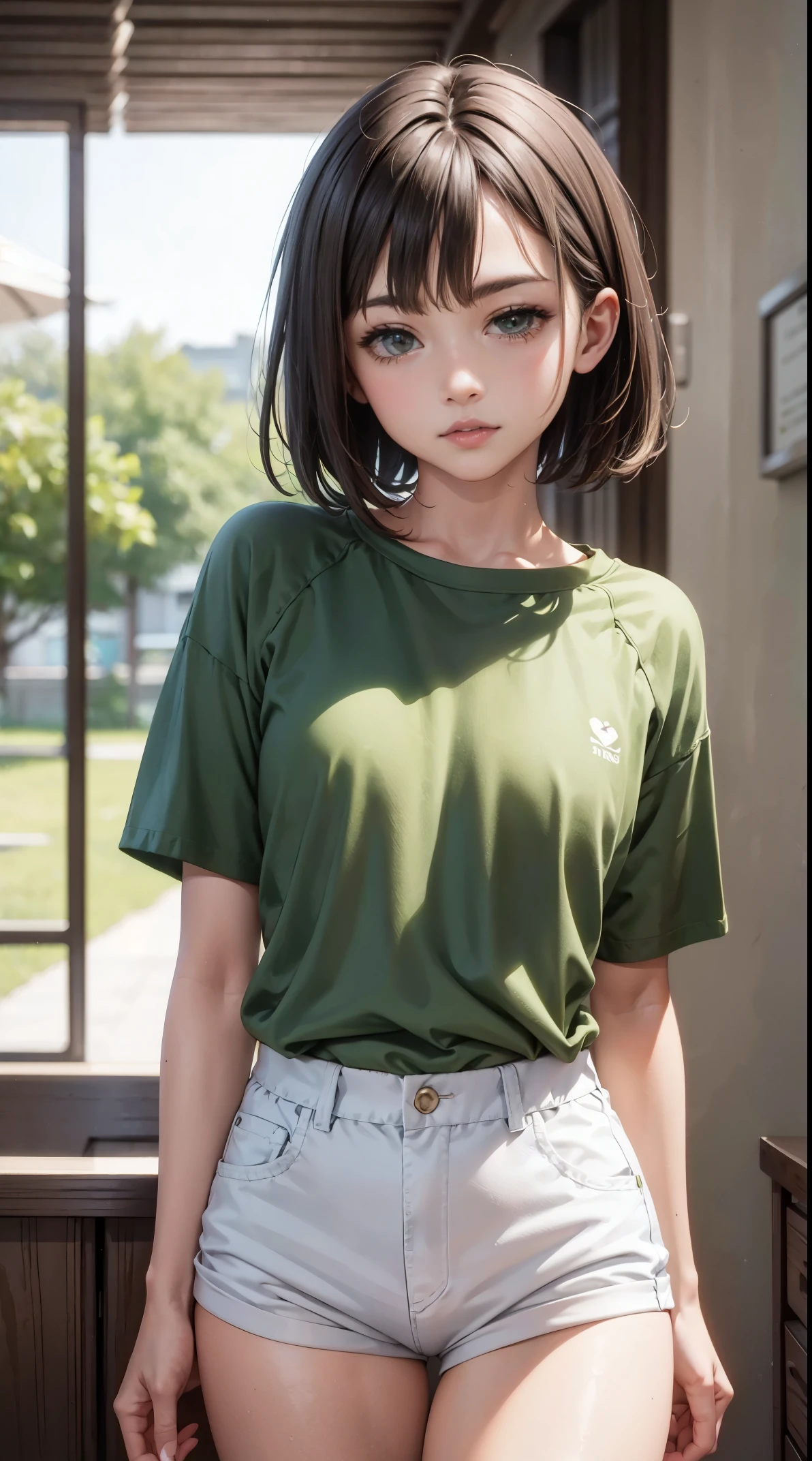short brown hair, green shirt, white shorts