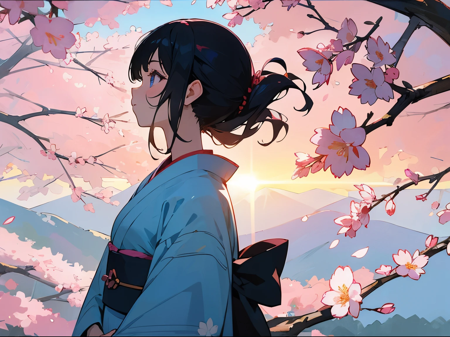 Fantastic mountain, sunrise and cherry blossom background、Back lighting、Kimono full of floral patterns、Girl with blue inner color, black hair, and light blue eyes。Profile with sunlight filtering through the trees looking diagonally upward to the left。Close-up of the eyes。art noveau、