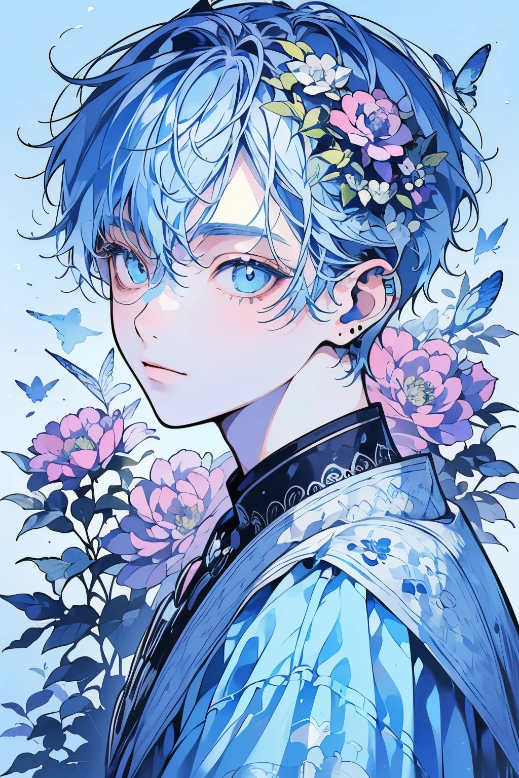(masutepiece), (Best Quality), Highly detailed, 1 boy, Solo Focus,Perfect face, Beautiful face, extra detailed face,(Light blue hair:1.3),(Light blue eyes:1.3),florals,butterflys々,floralsびら,optic,shiny,smil
