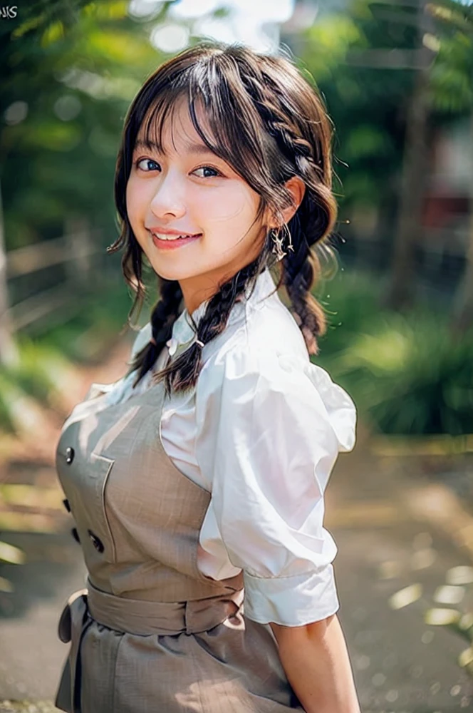 Smiling、(Full body like、Positive image)、profile、masterpiece, top-quality, Raw foto, Photorealsitic, Face, Beautiful girls, cute little, shorth hair, Floating hair、((Braided hair))、 {{{{Colossal tits!!}}}}、depth of fields, hight resolution, ultra-detailliert, finely detail, extremely detailed, Very detailed eyes and face, Sharp pupils, foco nítido, Cinematic lighting