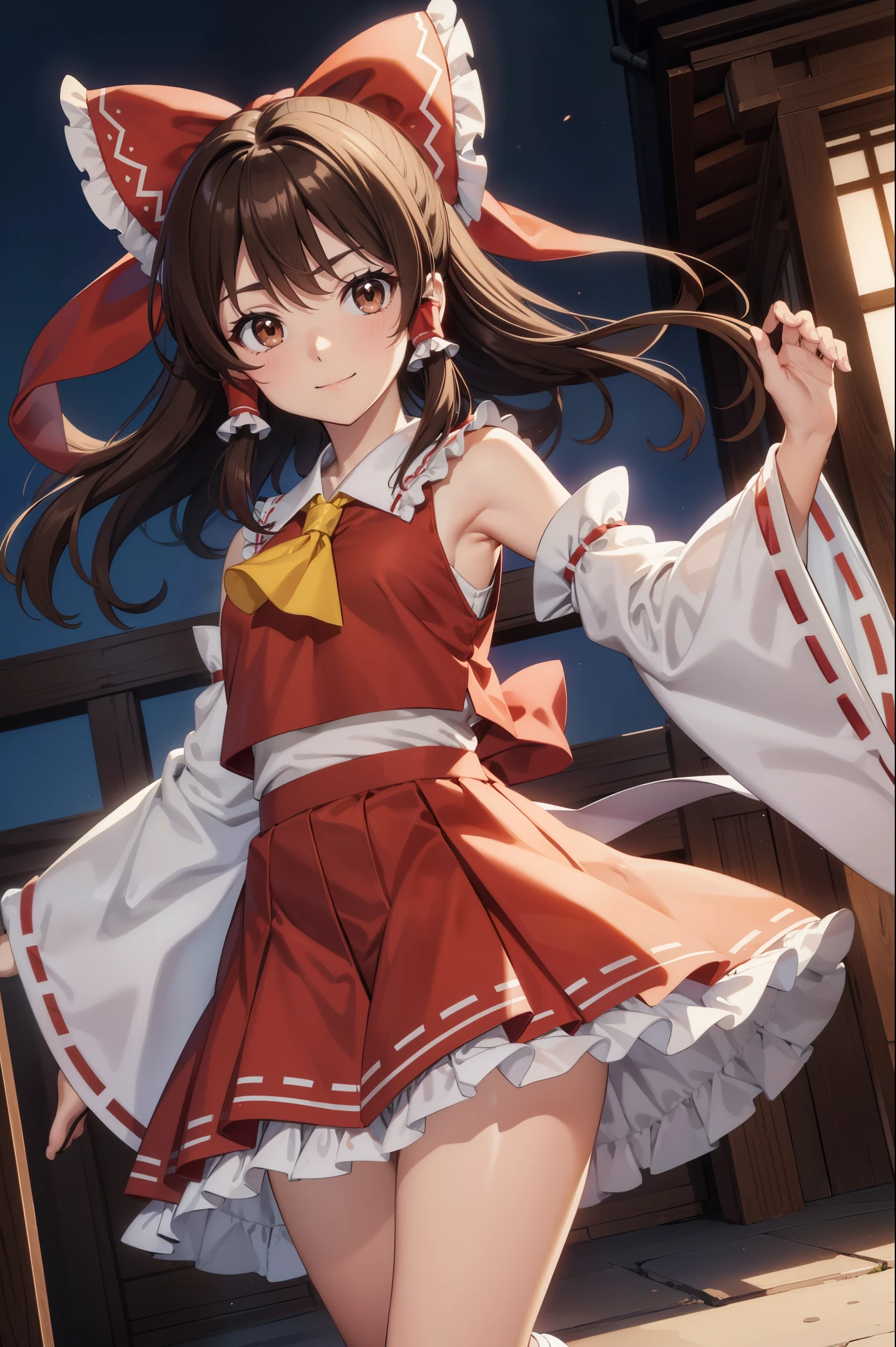 reimu hakurei, (brown eyes:1.5), brown hair, bow, hair bow, hair tubes, long hair, red bow, sidelocks,
BREAK ascot, bare shoulders,detached sleeves, embellished costume, frills, japanese clothes, nontraditional miko, red skirt, sandals, sarashi, skirt, socks, white sleeves, white socks, wide sleeves, 
BREAK looking at viewer,
BREAK outdoors, shrine,cowboy shot,smile
BREAK (masterpiece:1.2), best quality, high resolution, unity 8k wallpaper, (illustration:0.8), (beautiful detailed eyes), extremely detailed face, perfect lighting, extremely detailed CG, (perfect hands, perfect anatomy),dynamic pose,