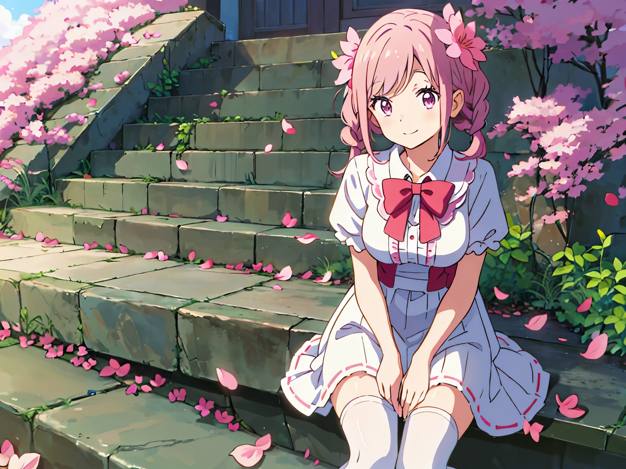 1 skinny girl,Alone,peach blossom,falling flower petals,Anime manga girl, pixiv, loli in dress, anime change, cute anime, cute anime girl, Curvy little loli, Anime visuals of a cute girl, cute anime, Anime cute art style, cute anime style,extremely detremely detailed CG,8k wallpaper,ar old,tthin eyebrows,ssmile,with pink hair,Tie twisted braids behind ears,Qi bangs,ssmile,Sit on the stone steps,Sakura NS,Mary Jane shoes,long skirt,(whitestocking)