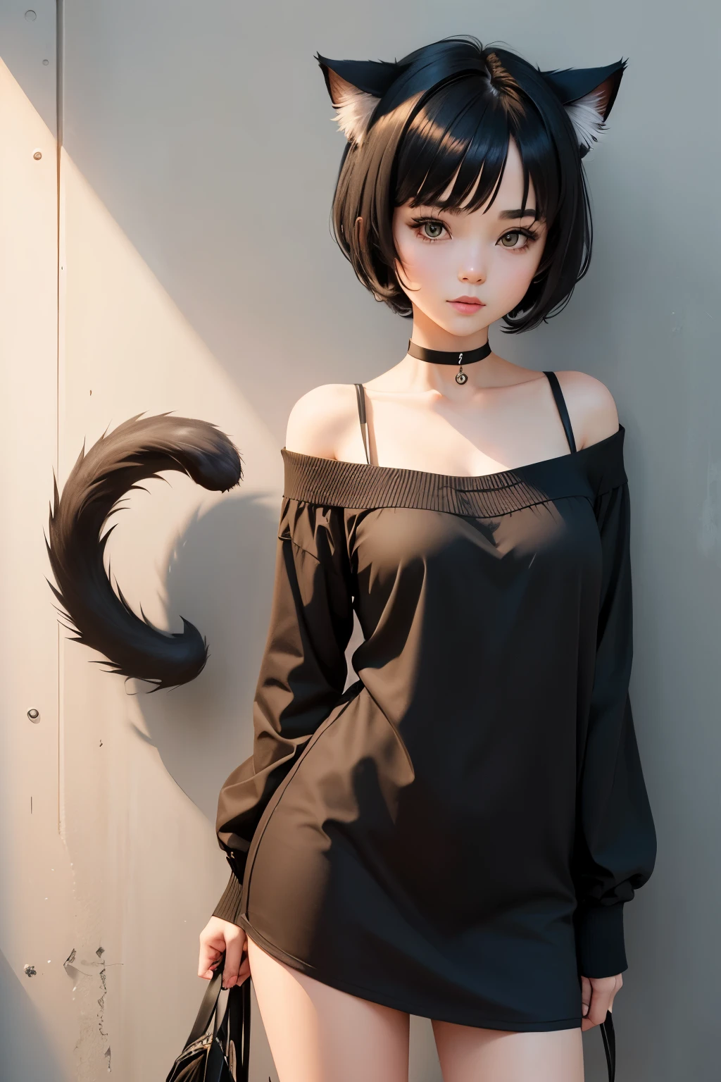 cute girl, Short black hair, Cat ears, cat tail,