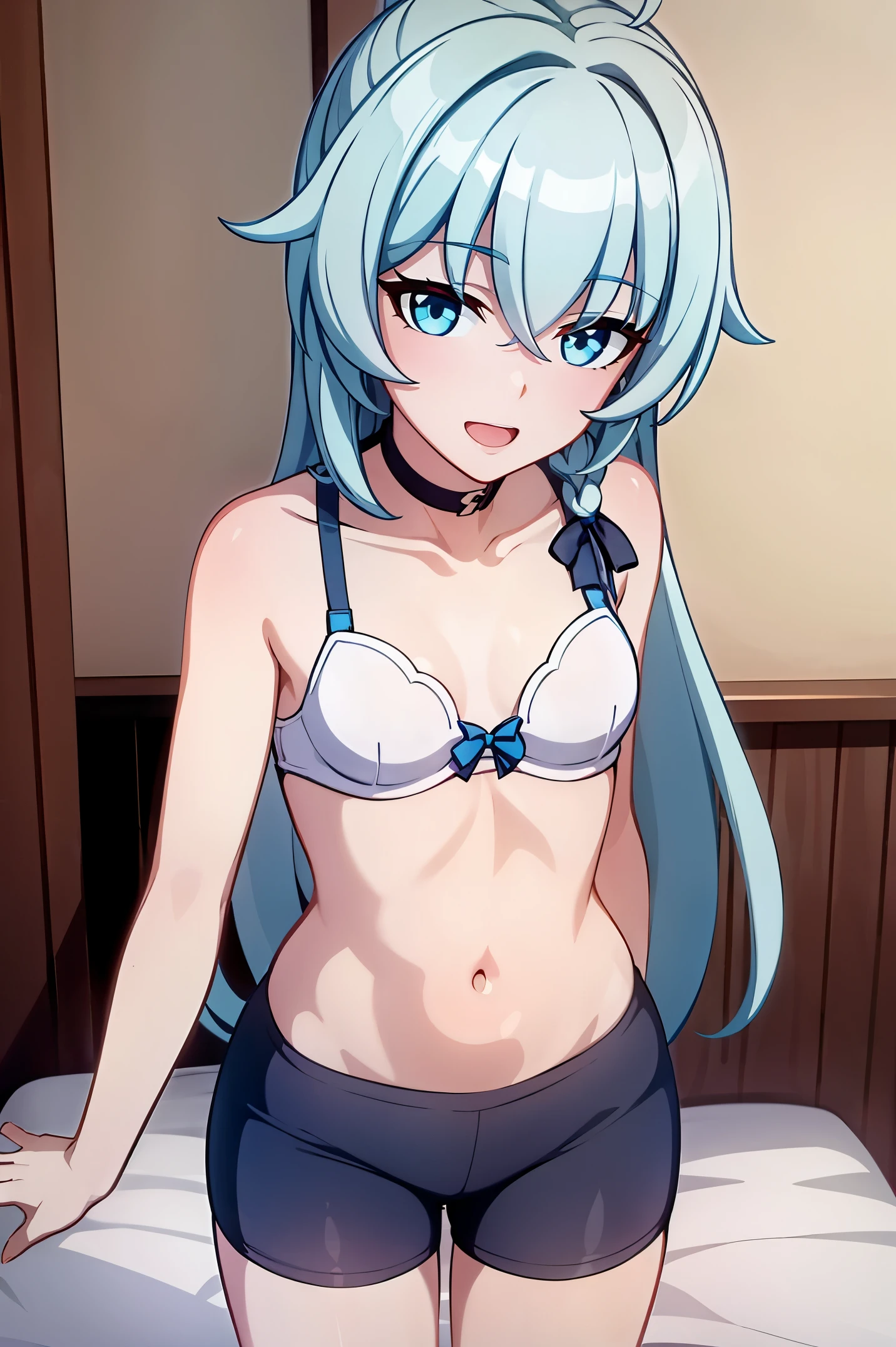 1 girl, best quality, ultra high res, long hair, blue hair, blue eyes, shigure kira, looking at viewers, small breast, standing, pov, slim body, body, small body, short body, smile, open mouth, bra, white bra, bike shorts, bedroom, white bed sheets,