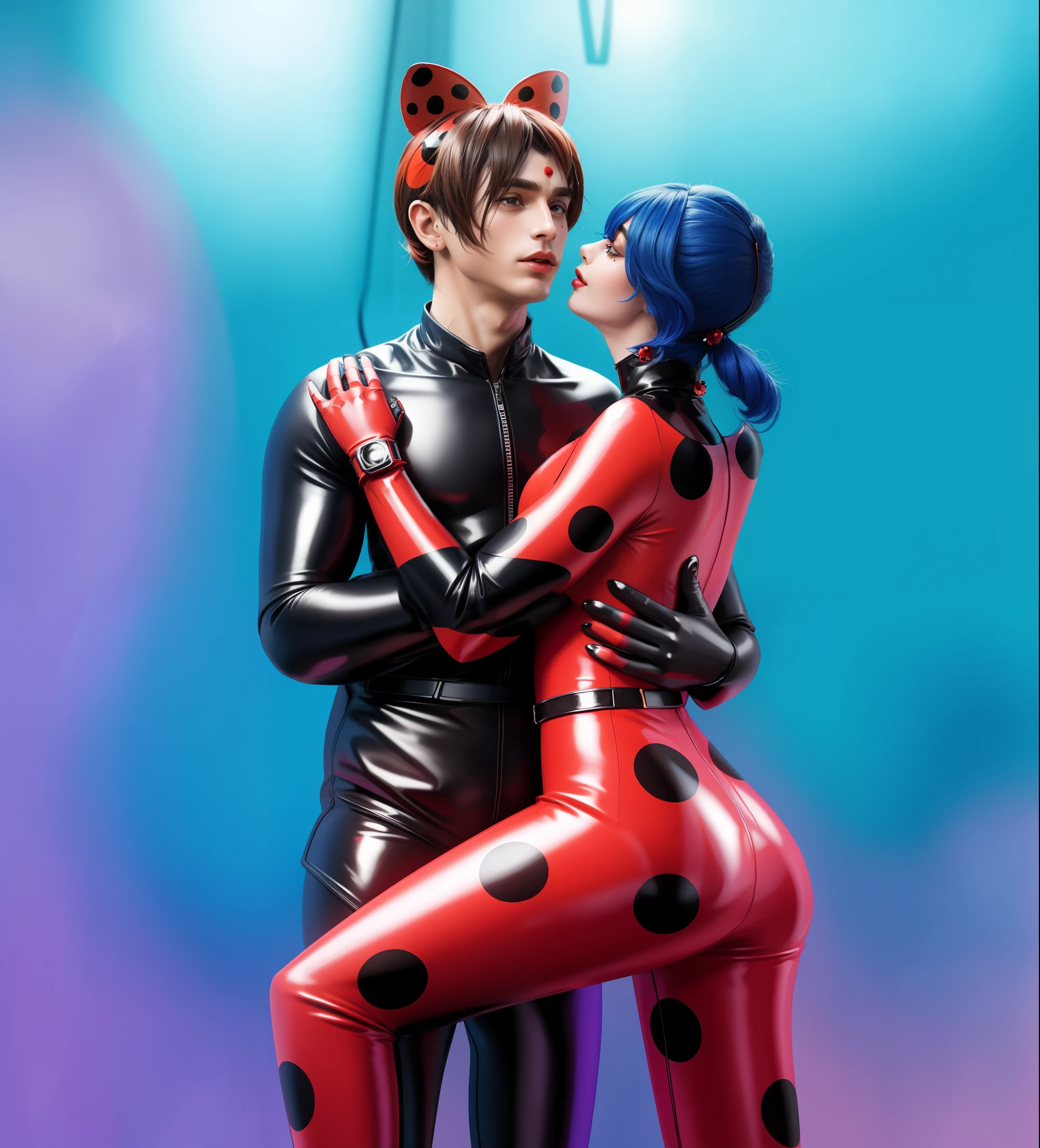 lady bug and man in costume kissing each other, miraculous ladybug, wearing glossy costumes, glossy leather costumes, miraculous, ladybugs, rim light, 4k, realistic