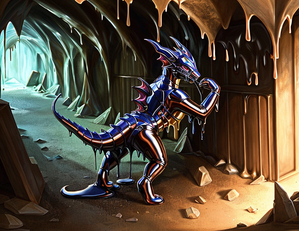 a photorealistic HD cg closeup render of a female paladin knight morphing into a latex dragon as a cursed dragon tack wraps around her body, red black shiny smooth human latex dragon hybrid, wearing dragon's saddle, harness, bridle, and heavy plate armor, inside abandoned stall in subterranean dragon aerie cave, heavy armor, human morphing into latex rubber goo dragon, latex goo coating