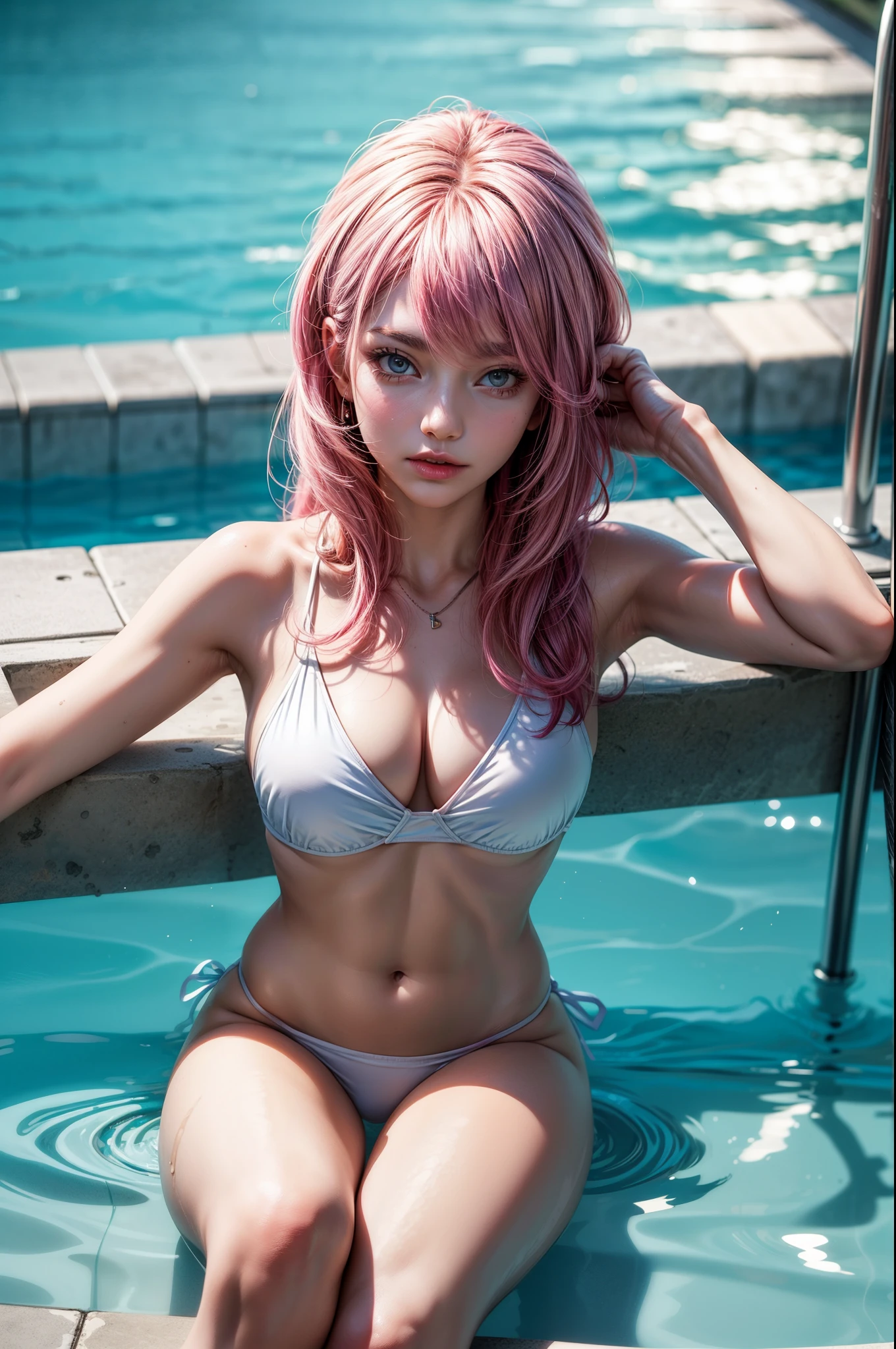 masterpiece, best quality, ultra detailed, photo realistic, best illustration, 1girl, pink hair, long hair, two piece swimsuit, pool background, sitting , smooth and delicate, 8k