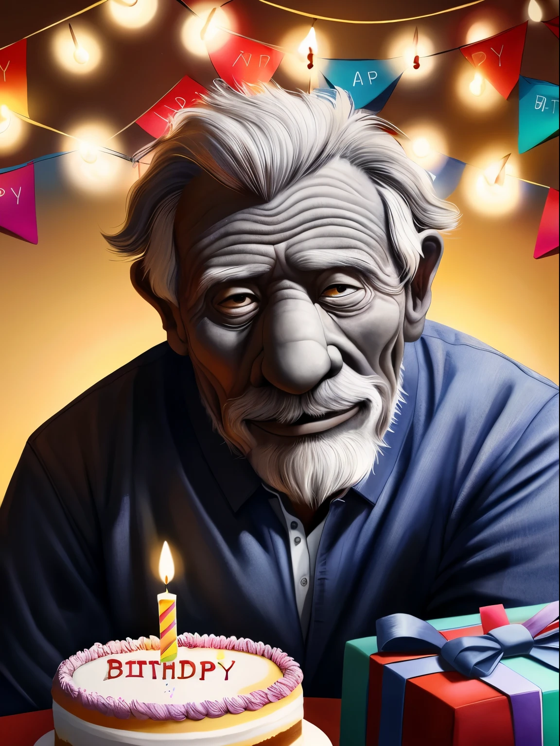 (birthday,growing older,celebration,aging gracefully),(man,elderly,gray hair),(wise,experienced,wrinkles),(birthday cake,candles,presents) ,(best quality:1.2),(vivid colors),(portraits),(soft lighting)